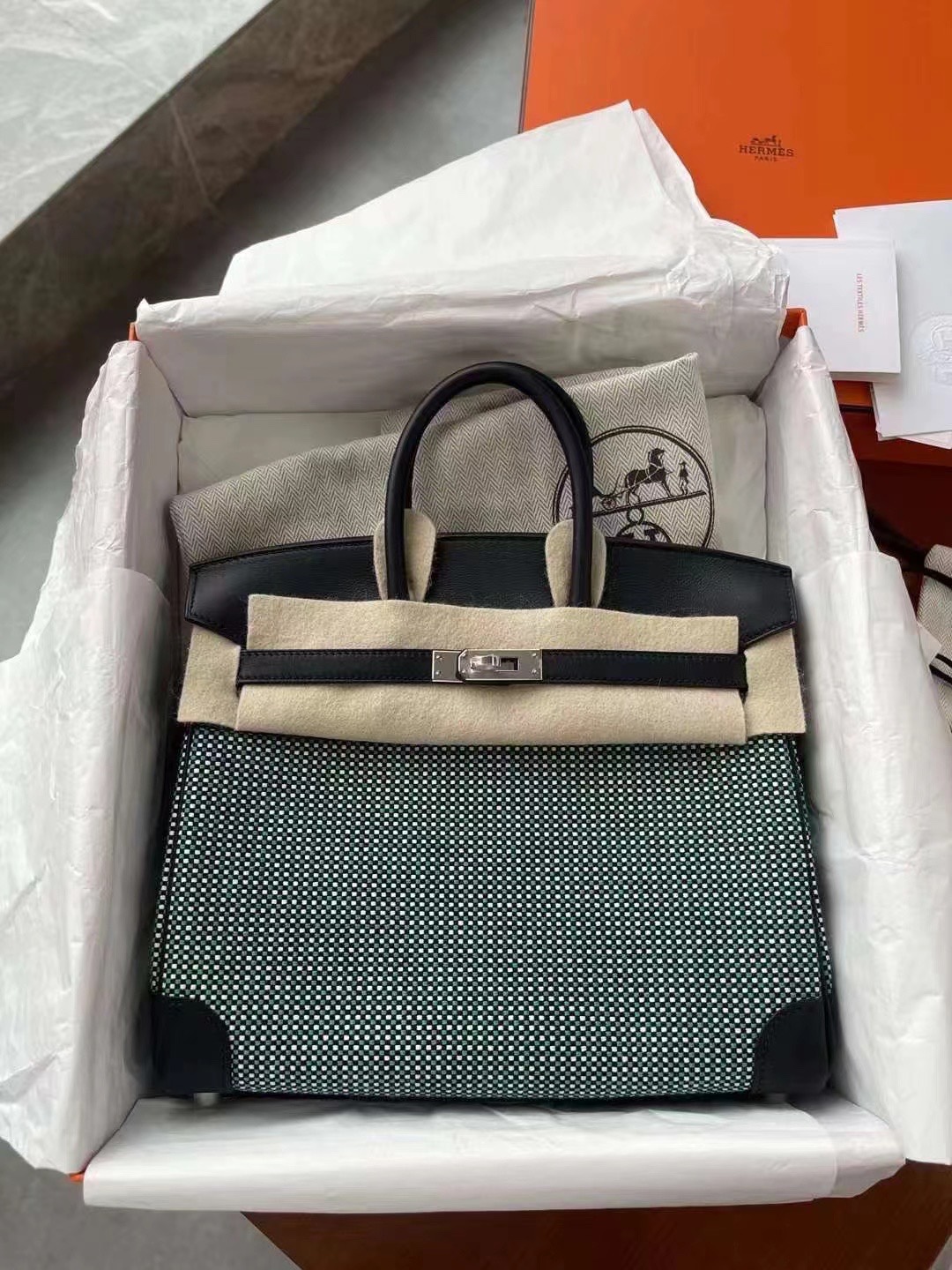 Hermès New debut Toile Birkin25 Swift leather and canvas waffle mint green, casual and lazy yet elegant