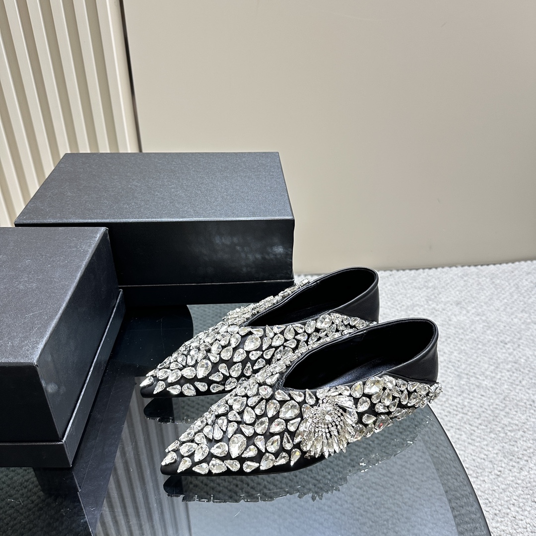 2024 Spring and Summer Crystal Decoration Leather Shoes with Sheepskin Lining - 图片 1