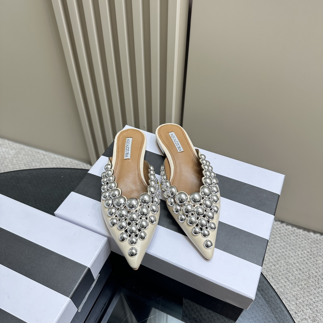 AQUAZURA Gold Pineapple 2024 SS Summer Shoes: Elegant Italian Women’s Bellies for Parties - 图片 1