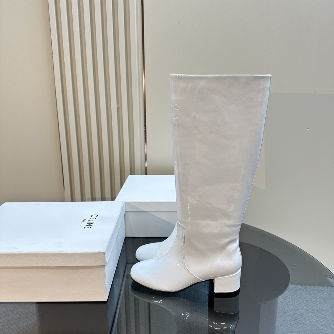 Celine Bottes Longues Bottes Courtes Blanc Cuir de vache Peau mouton Collection automne – hiver