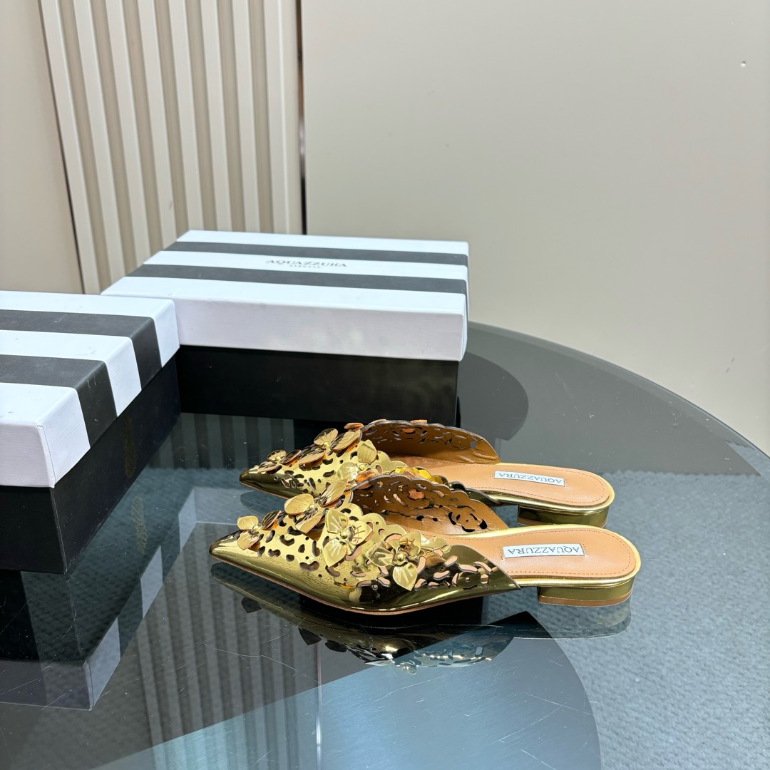 AQUAZURA Gold Pineapple Flats: Italian Crafted, Royal Design, Perfect for Parties