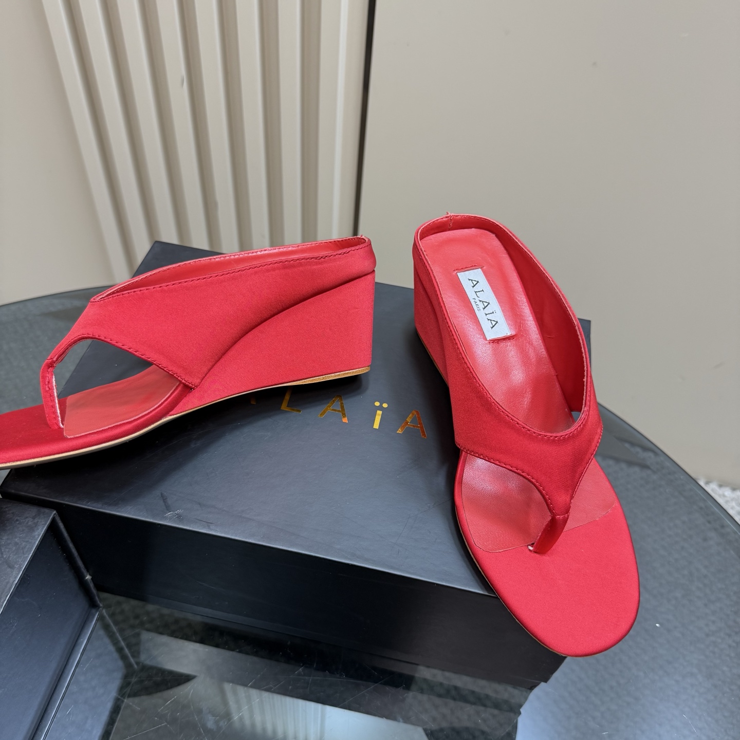 ALAÏA Women's Red Silk Wedge Thong Sandals - High Love Collection 5 i1742297140494 4409 0 2