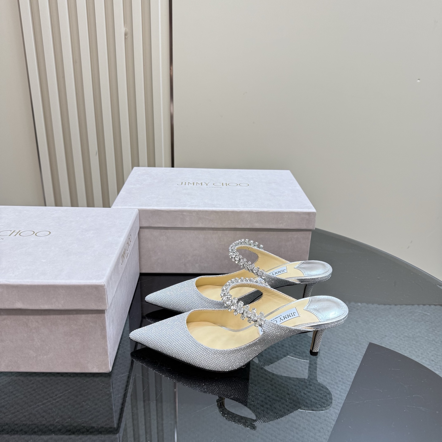 Jimmy Choo Crystal Embellished Pointed-Toe Heeled Mules, Silver Glitter Finish 3 i1742382659226 5601 0 0