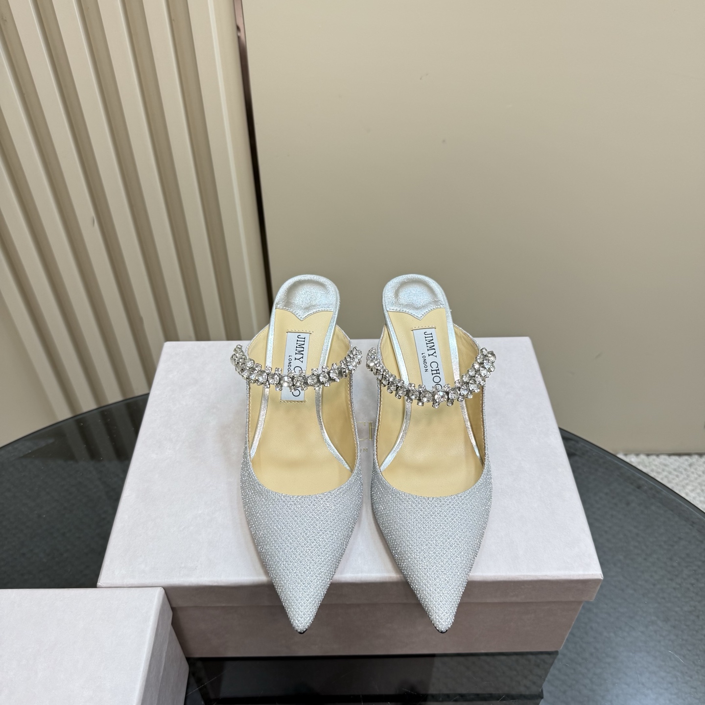 Jimmy Choo Crystal Embellished Pointed-Toe Heeled Mules, Silver Glitter Finish 4 i1742382659245 8181 0 1