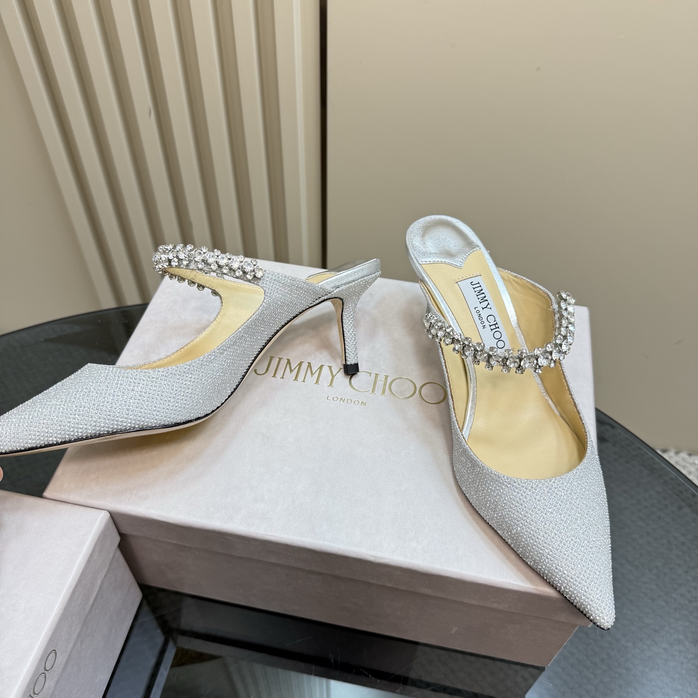 Jimmy Choo Crystal Embellished Pointed-Toe Heeled Mules, Silver Glitter Finish 5 i1742382660405 5633 0 2