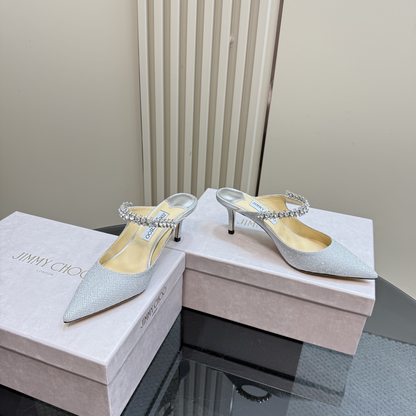 Jimmy Choo Crystal Embellished Pointed-Toe Heeled Mules, Silver Glitter Finish 7 i1742382660409 9002 0 4