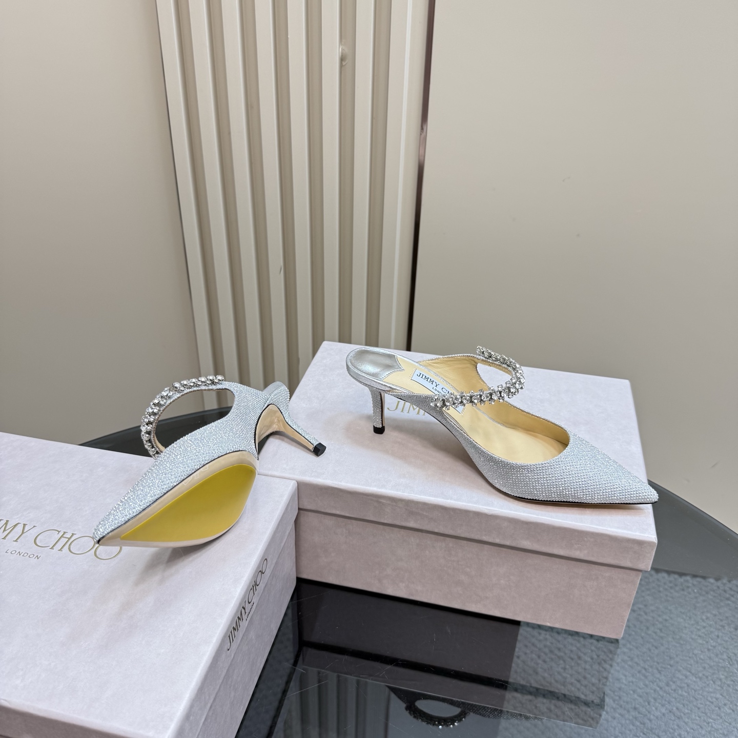 Jimmy Choo Crystal Embellished Pointed-Toe Heeled Mules, Silver Glitter Finish 8 i1742382662867 5483 0 5