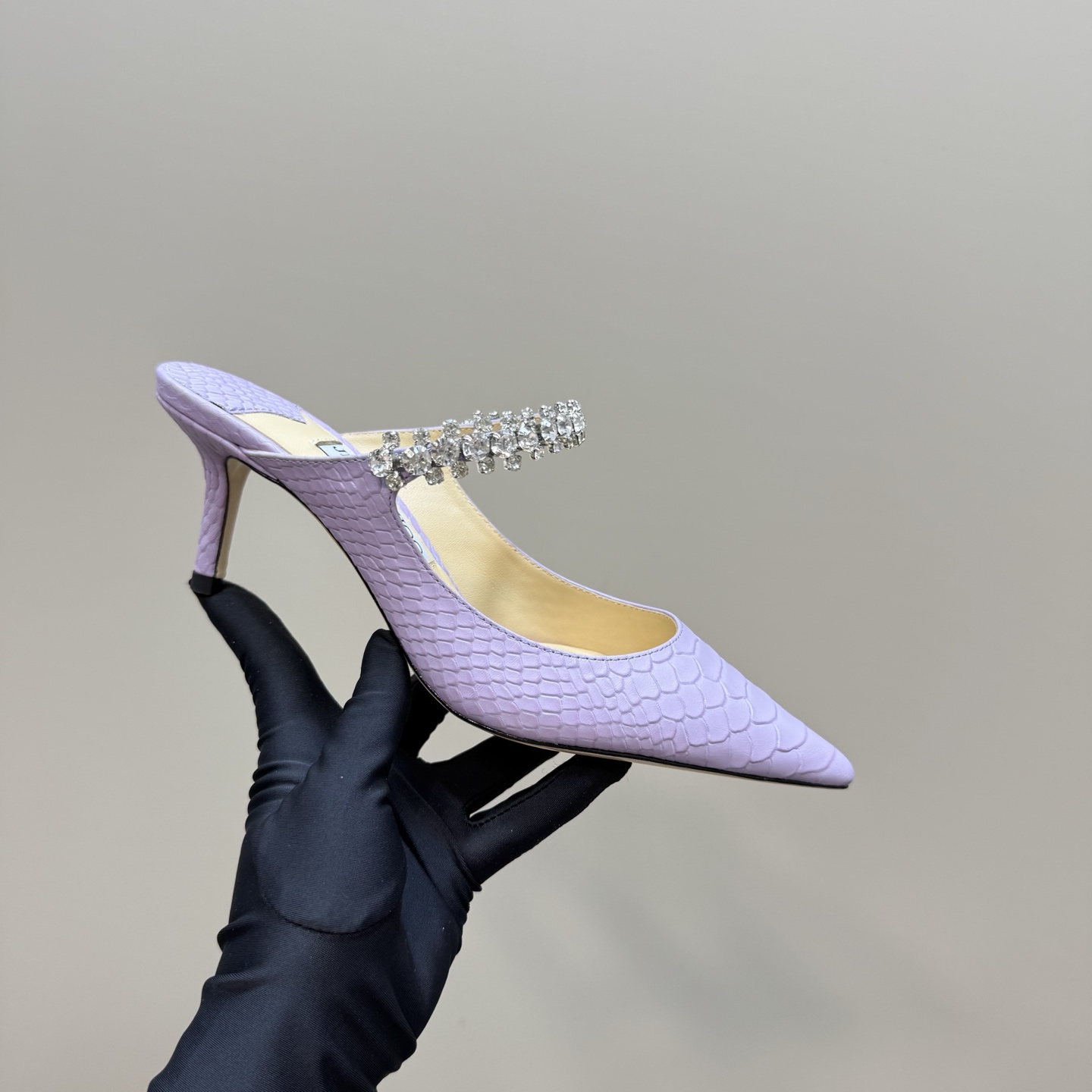 Jimmy Choo Diamond Chain Pointed Toe High Heel Mules in Lilac Snake Print