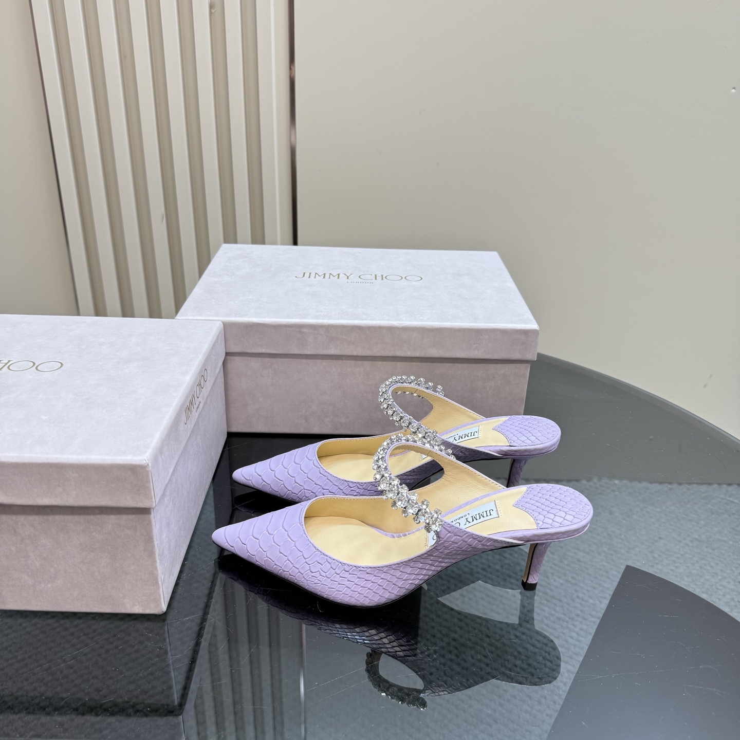 Jimmy Choo Diamond Chain Pointed Toe High Heel Mules in Lilac Snake Print 3 i1742382780007 375 0 0