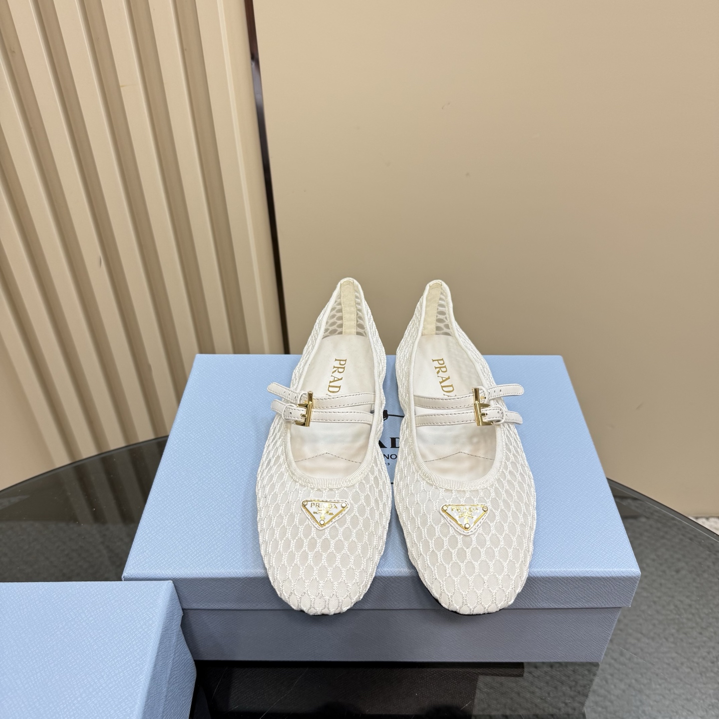 Prada Women's White Mesh Mary Jane Ballet Flats with Buckle Detail 4 i1742754863647 711 0 1