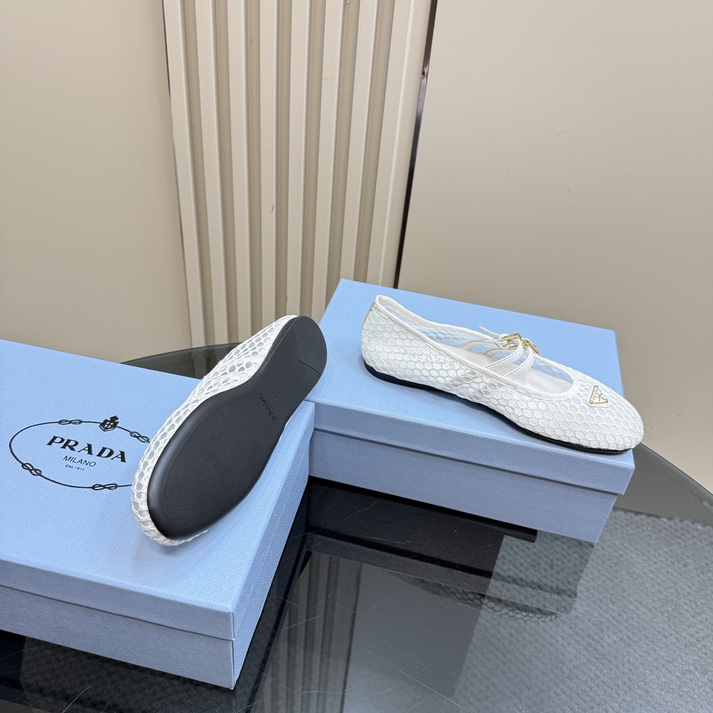 Prada Women's White Mesh Mary Jane Ballet Flats with Buckle Detail 8 i1742754863675 9471 0 5