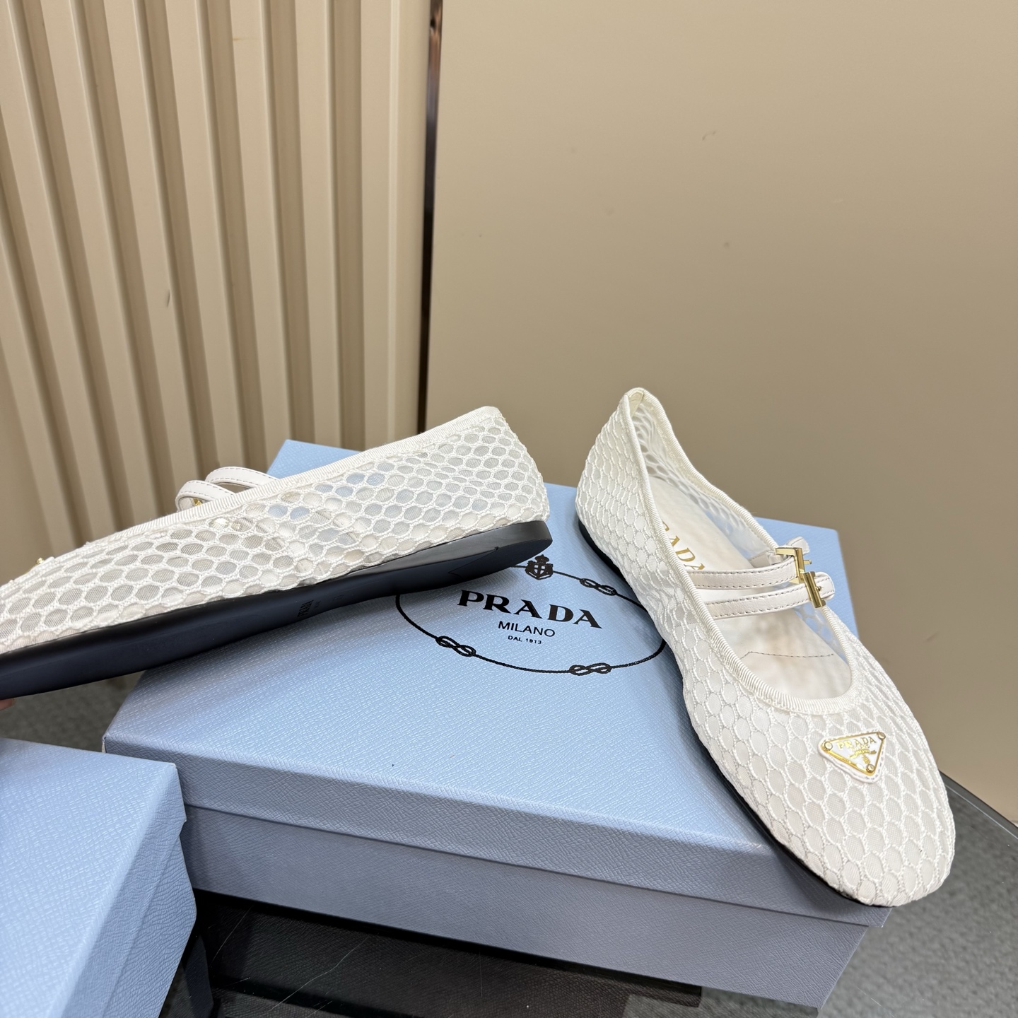 Prada Women's White Mesh Mary Jane Ballet Flats with Buckle Detail 5 i1742754864333 6264 0 2