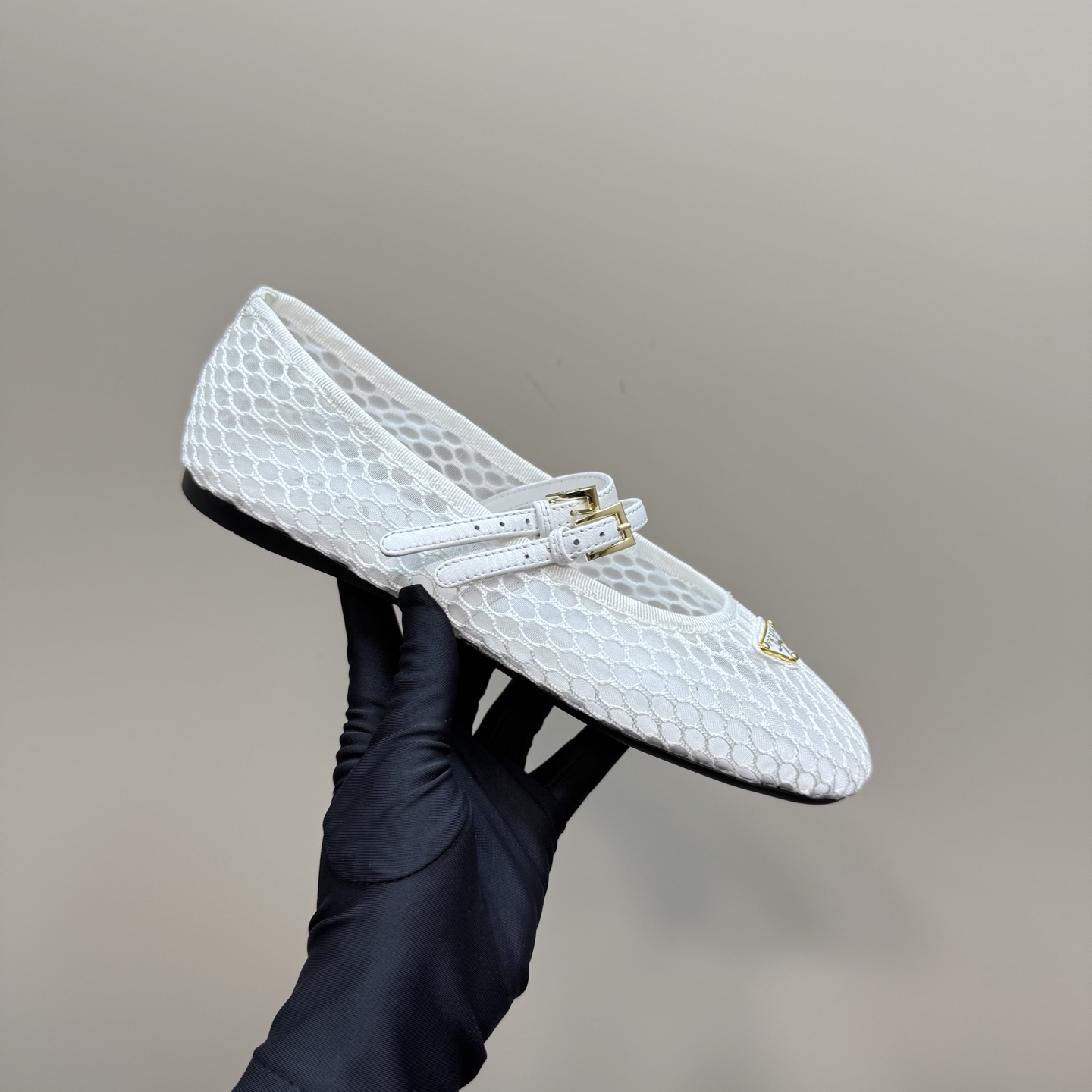 Prada Women's White Mesh Mary Jane Ballet Flats with Buckle Detail