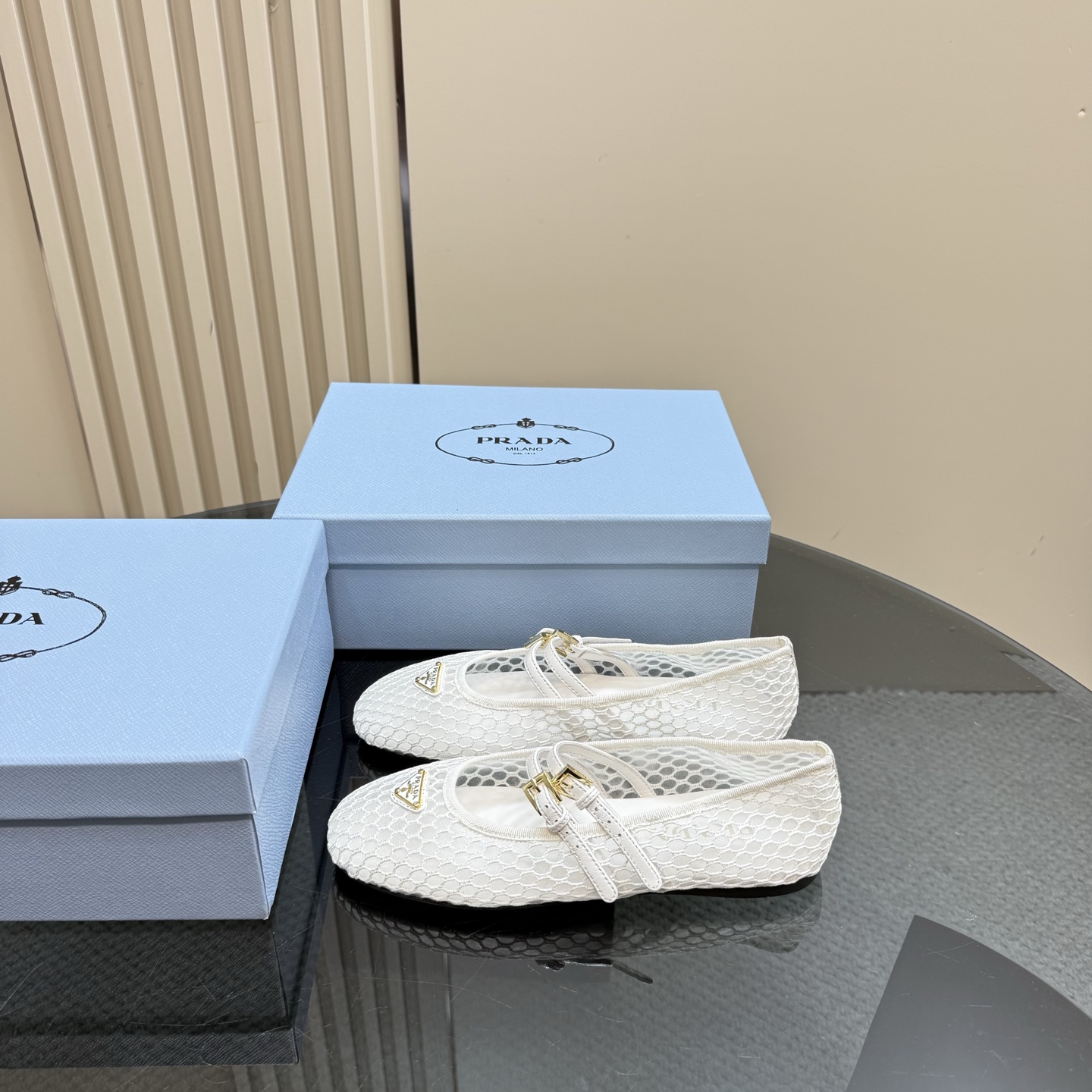 Prada Women's White Mesh Mary Jane Ballet Flats with Buckle Detail 3 i1742754864365 518 0 0