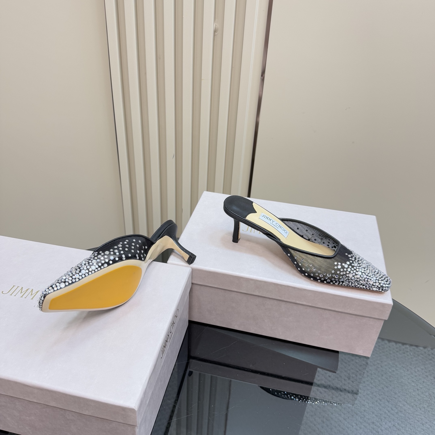 Jimmy Choo Crystal Embellished Mesh Heeled Mules, Pointed Toe, Black 8 i1743366013746 8269 0 5