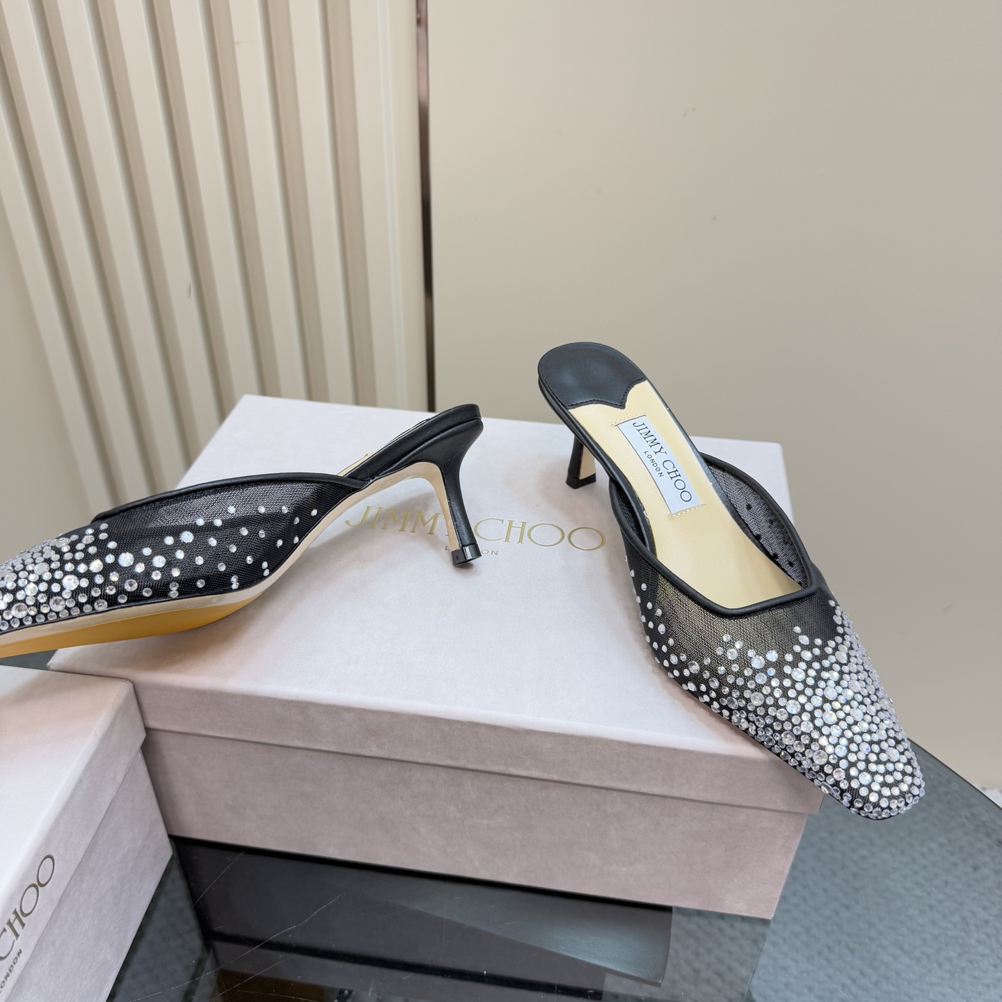 Jimmy Choo Crystal Embellished Mesh Heeled Mules, Pointed Toe, Black 5 i1743366013773 3262 0 2