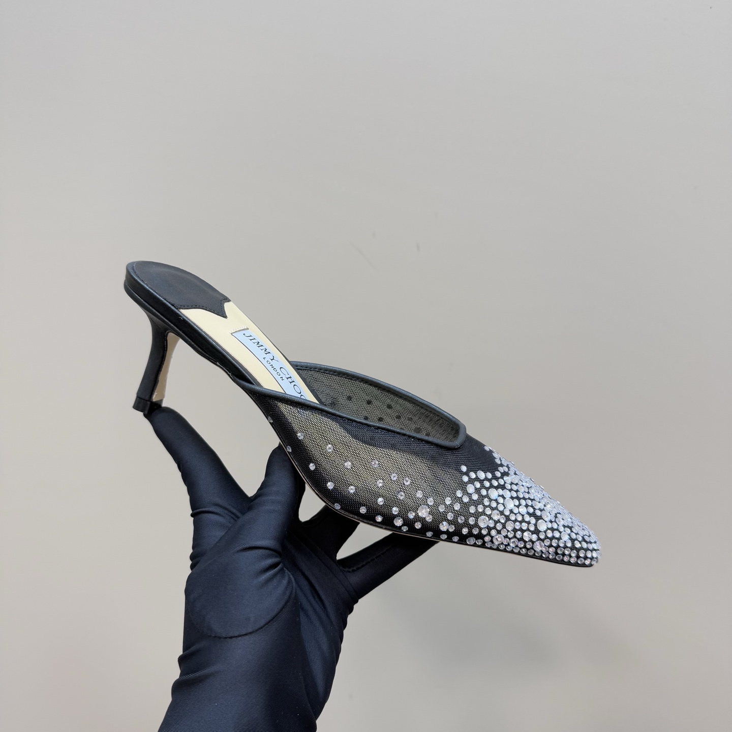 Jimmy Choo Crystal Embellished Mesh Heeled Mules, Pointed Toe, Black 1 Jimmy Choo Crystal Embellished Mesh Heeled Mules, Pointed Toe, Black