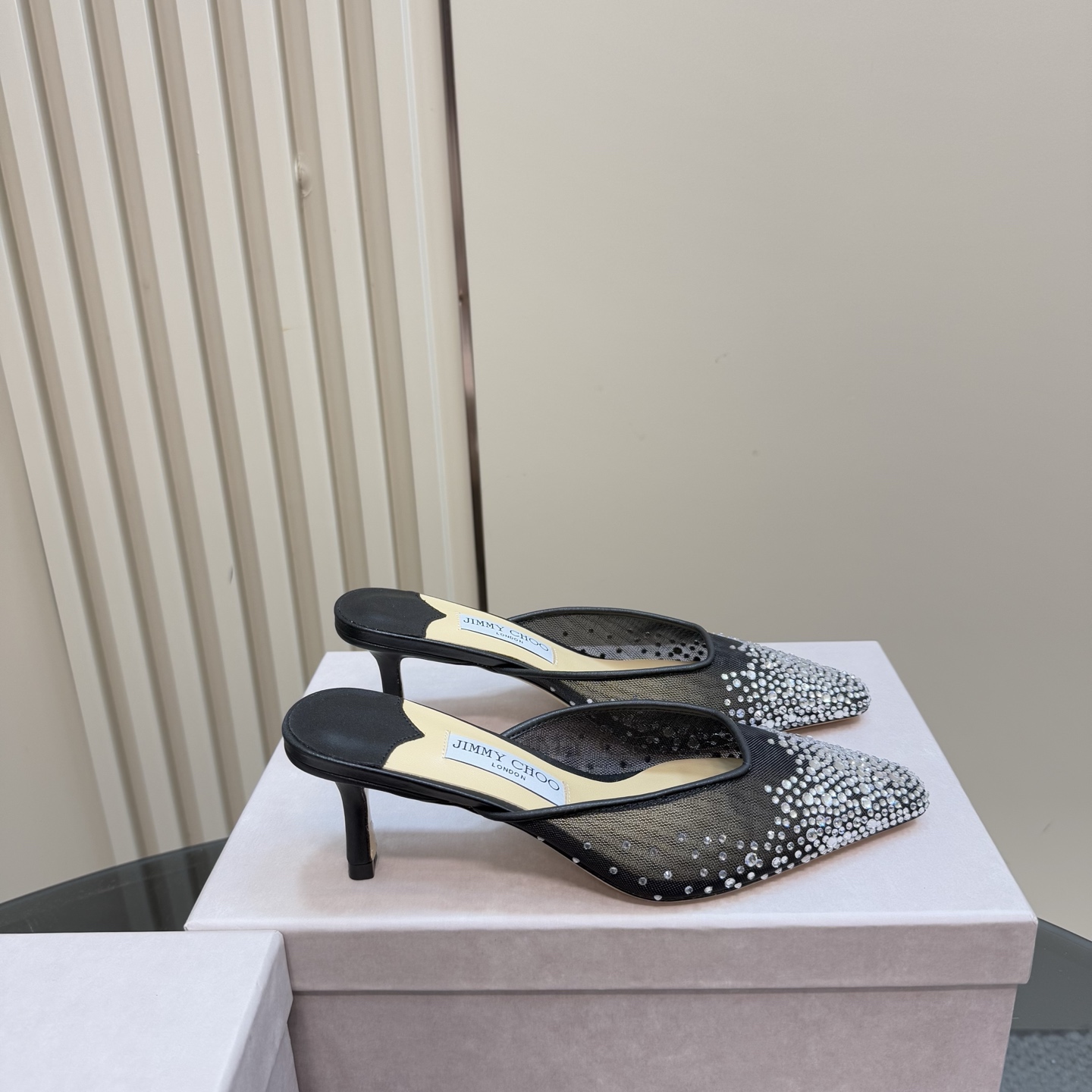 Jimmy Choo Crystal Embellished Mesh Heeled Mules, Pointed Toe, Black 6 i1743366015443 1931 0 3