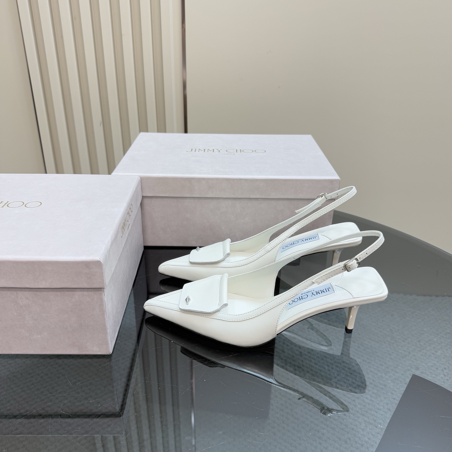 Jimmy Choo Women's White Leather Slingback Heels 6.5cm Kitten Heel Pumps 3 i1743367044499 5 0 0
