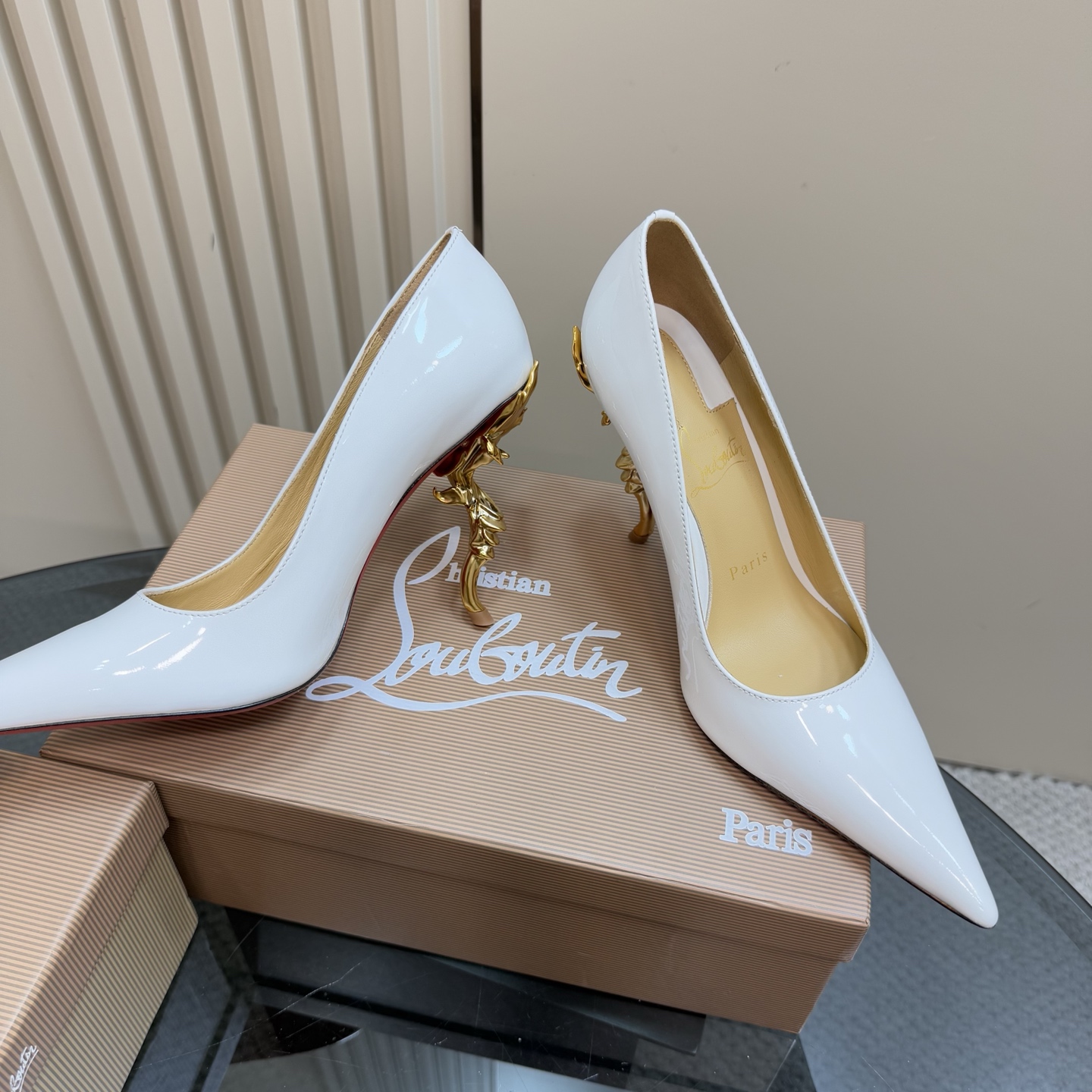 Christian Louboutin White Patent Leather Pumps with Sculptural Gold Heel 5 i1743375952181 6106 0 2