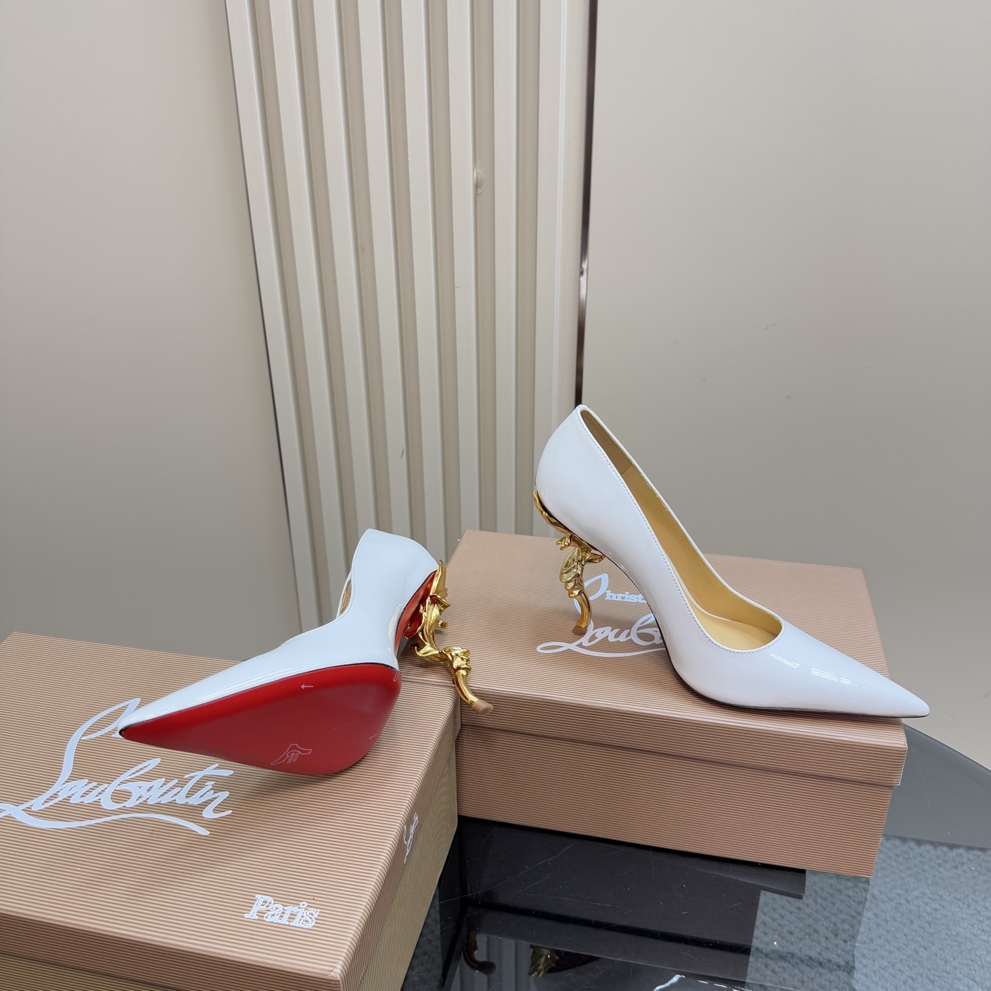 Christian Louboutin White Patent Leather Pumps with Sculptural Gold Heel 8 i1743375952186 5516 0 5