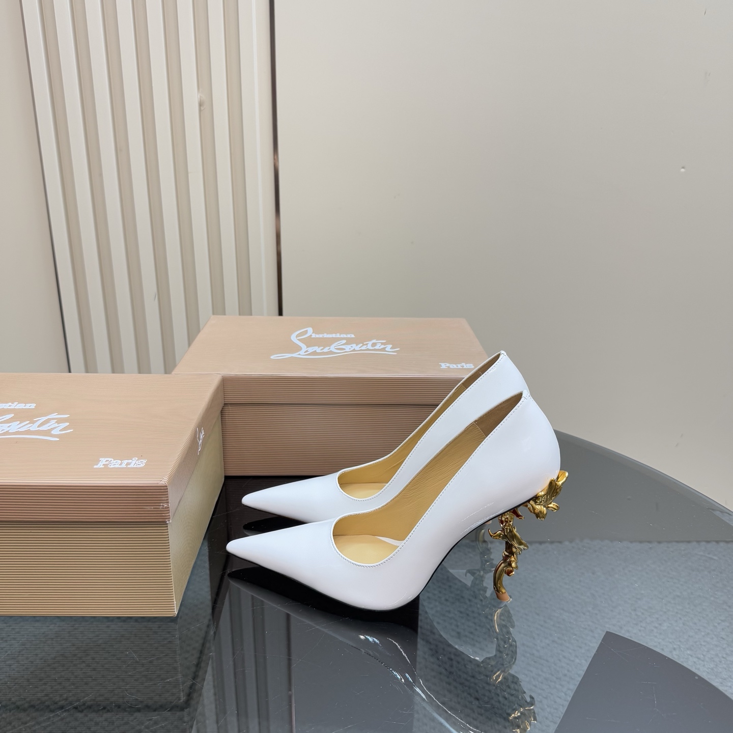 Christian Louboutin White Patent Leather Pumps with Sculptural Gold Heel 3 i1743375953663 6940 0 0