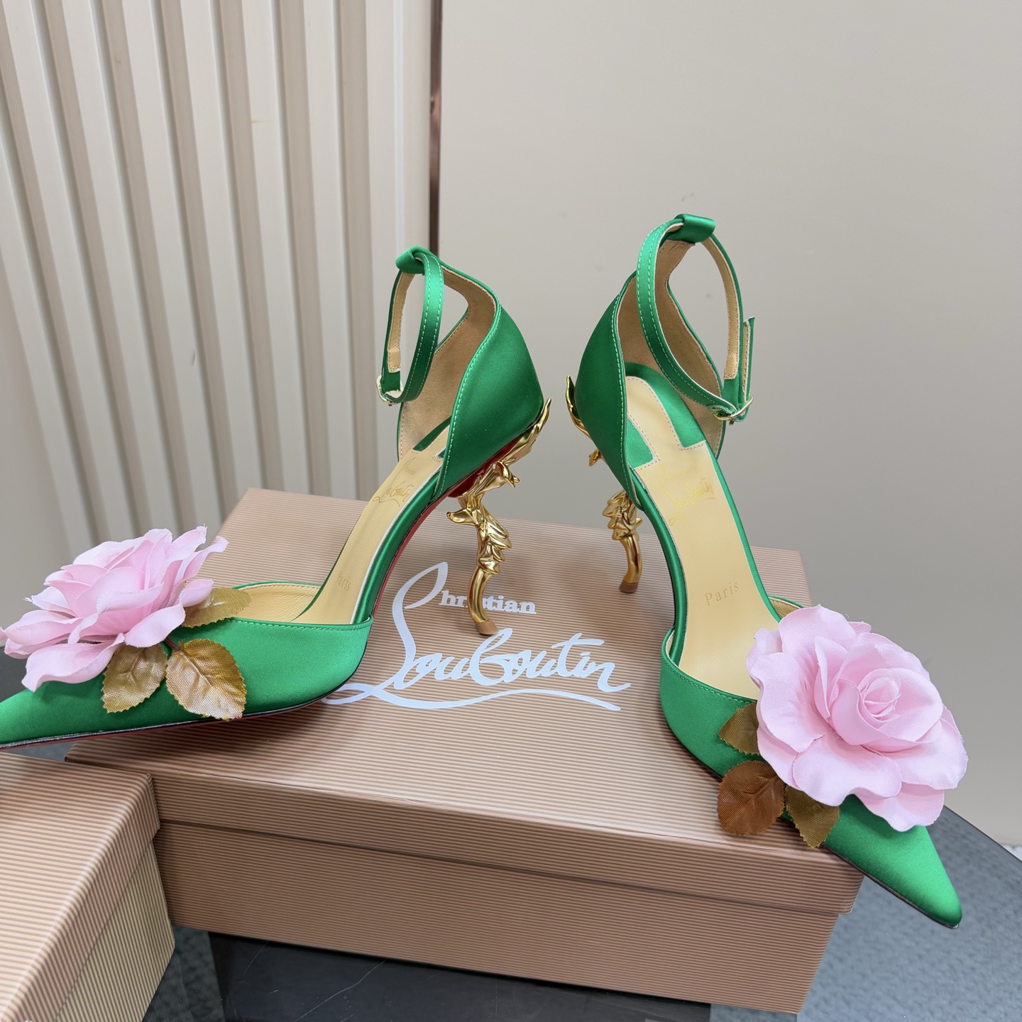 Christian Louboutin Green Silk Heels with Floral Detail and Sculptural Heel 5 i1743376481006 5073 0 2
