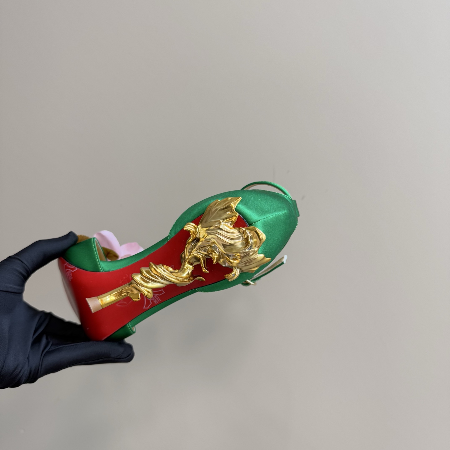 Christian Louboutin Green Silk Heels with Floral Detail and Sculptural Heel 10 i1743376481122 3892 0 8