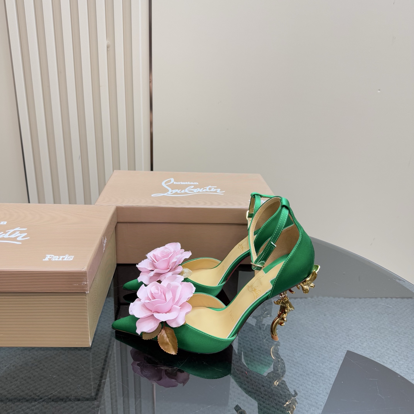 Christian Louboutin Green Silk Heels with Floral Detail and Sculptural Heel 3 i1743376481177 1782 0 0