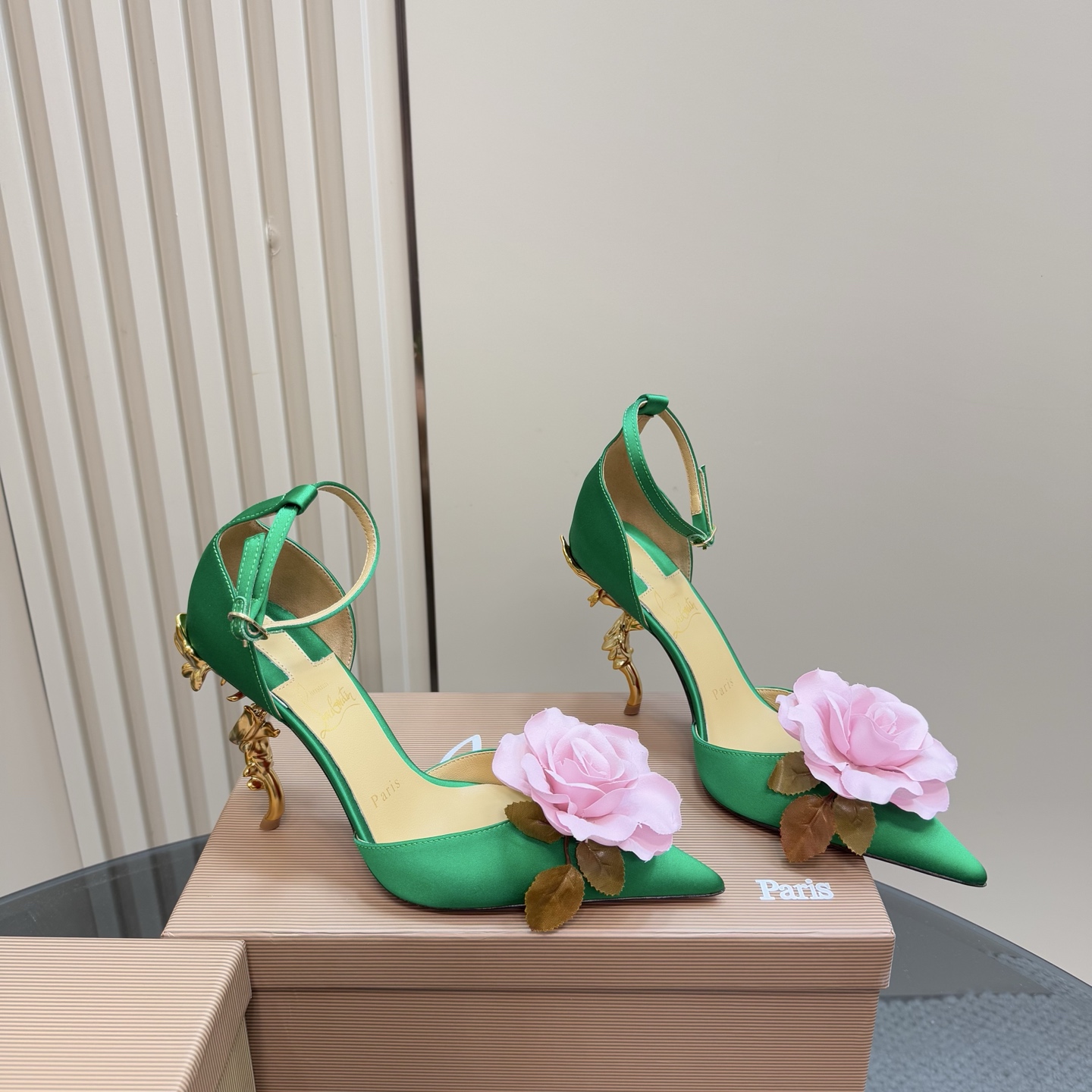 Christian Louboutin Green Silk Heels with Floral Detail and Sculptural Heel 6 i1743376481177 338 0 3