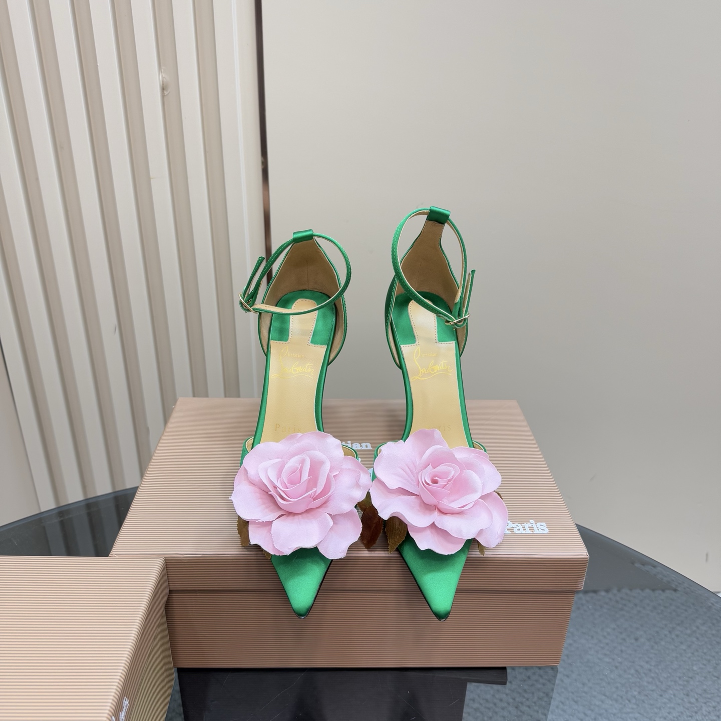 Christian Louboutin Green Silk Heels with Floral Detail and Sculptural Heel 4 i1743376481210 5245 0 1