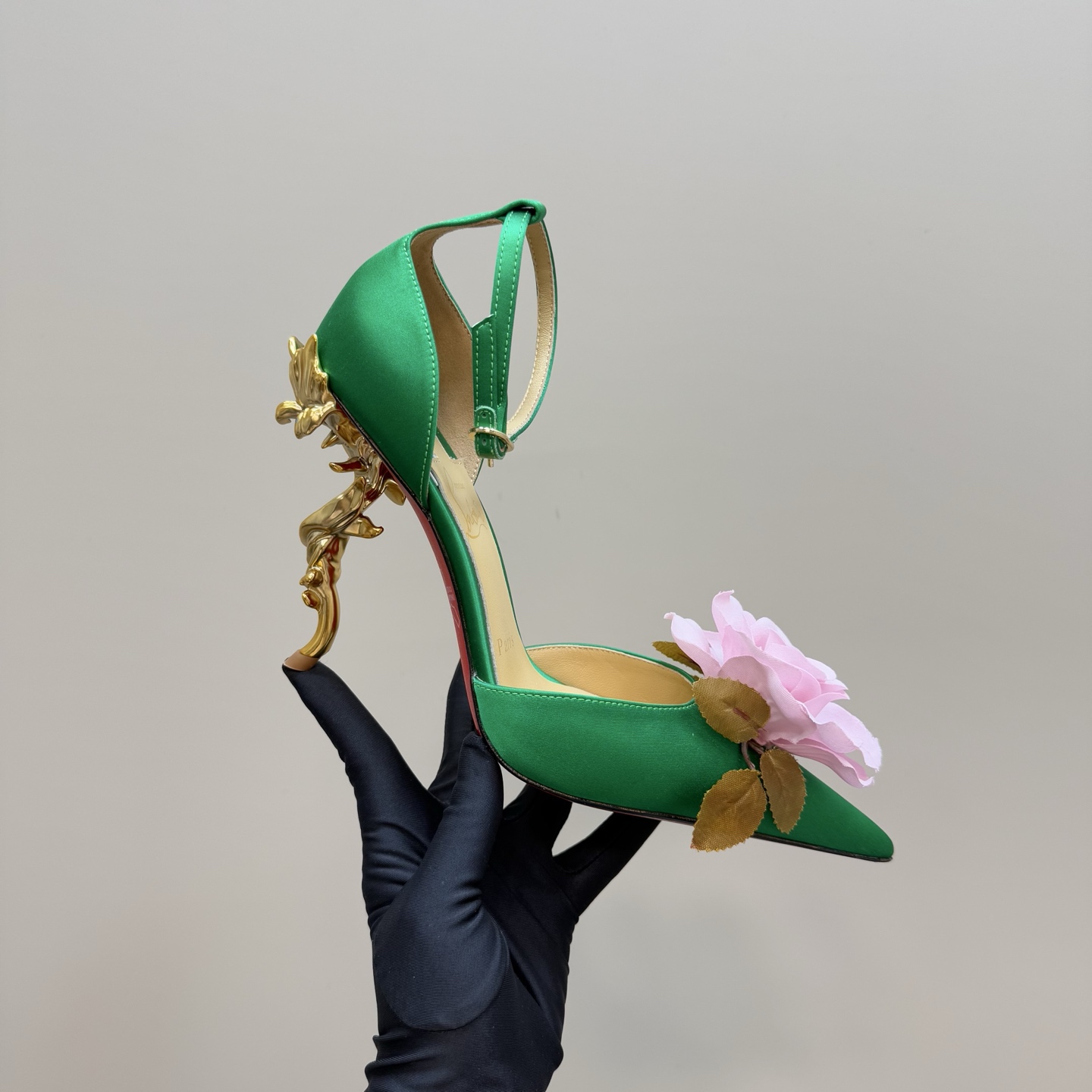 Christian Louboutin Green Silk Heels with Floral Detail and Sculptural Heel 1 Christian Louboutin Green Silk Heels with Floral Detail and Sculptural Heel