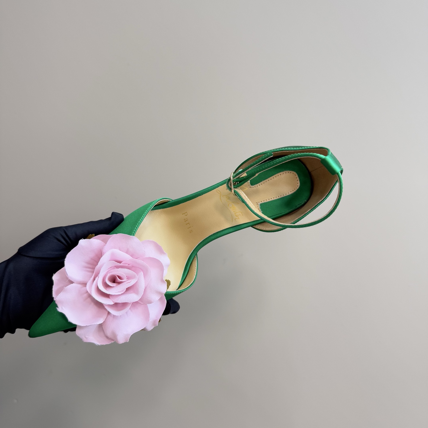 Christian Louboutin Green Silk Heels with Floral Detail and Sculptural Heel 9 i1743376482457 3298 0 7