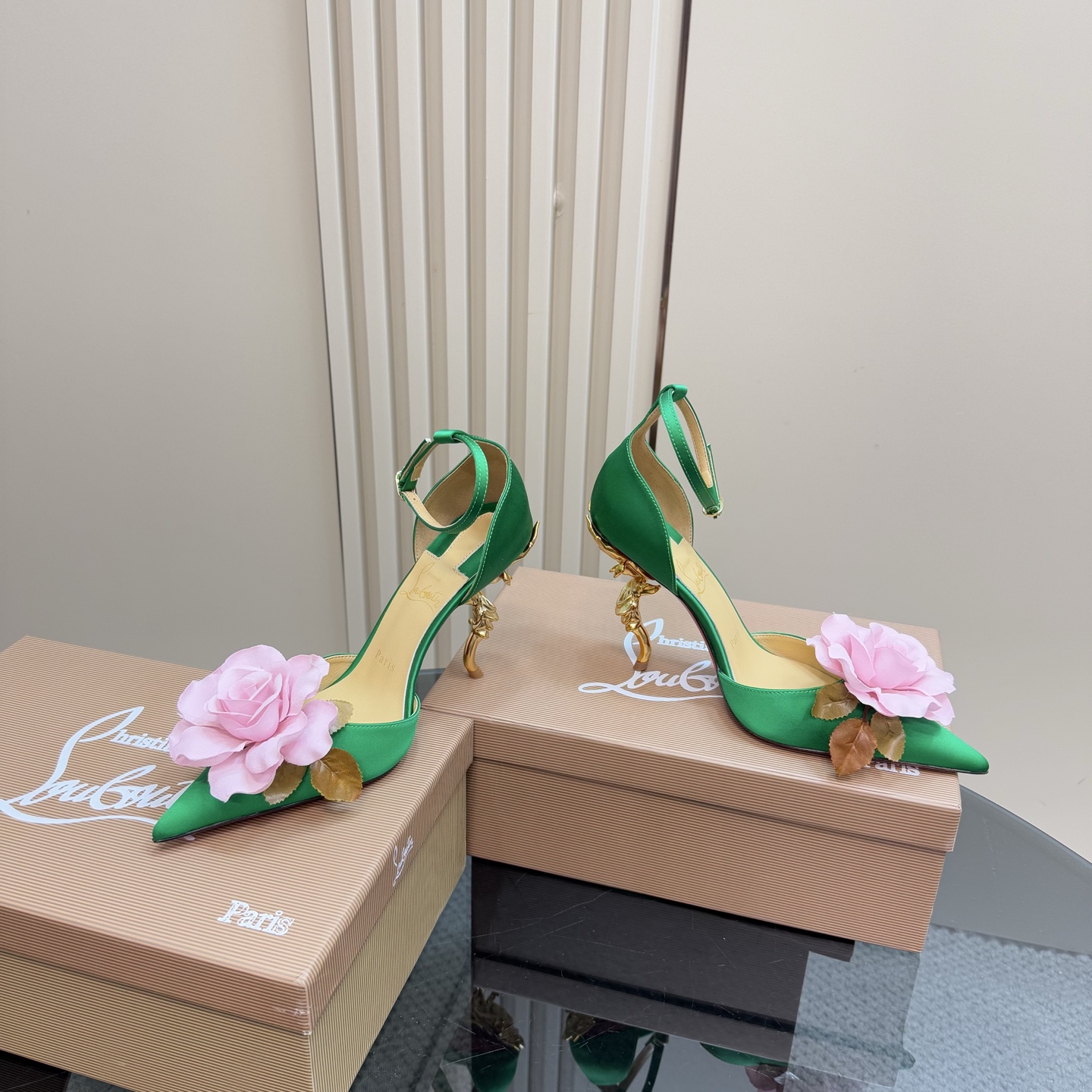 Christian Louboutin Green Silk Heels with Floral Detail and Sculptural Heel 7 i1743376482457 5675 0 4