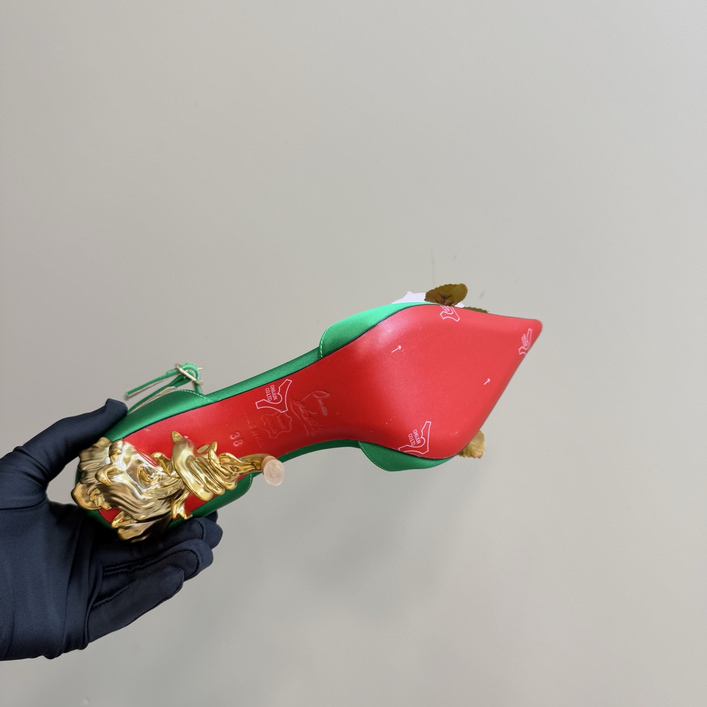 Christian Louboutin Green Silk Heels with Floral Detail and Sculptural Heel 11 i1743376482464 6628 0 9