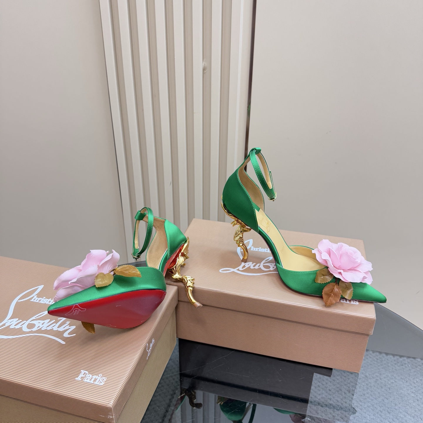Christian Louboutin Green Silk Heels with Floral Detail and Sculptural Heel 8 i1743376482517 4480 0 5
