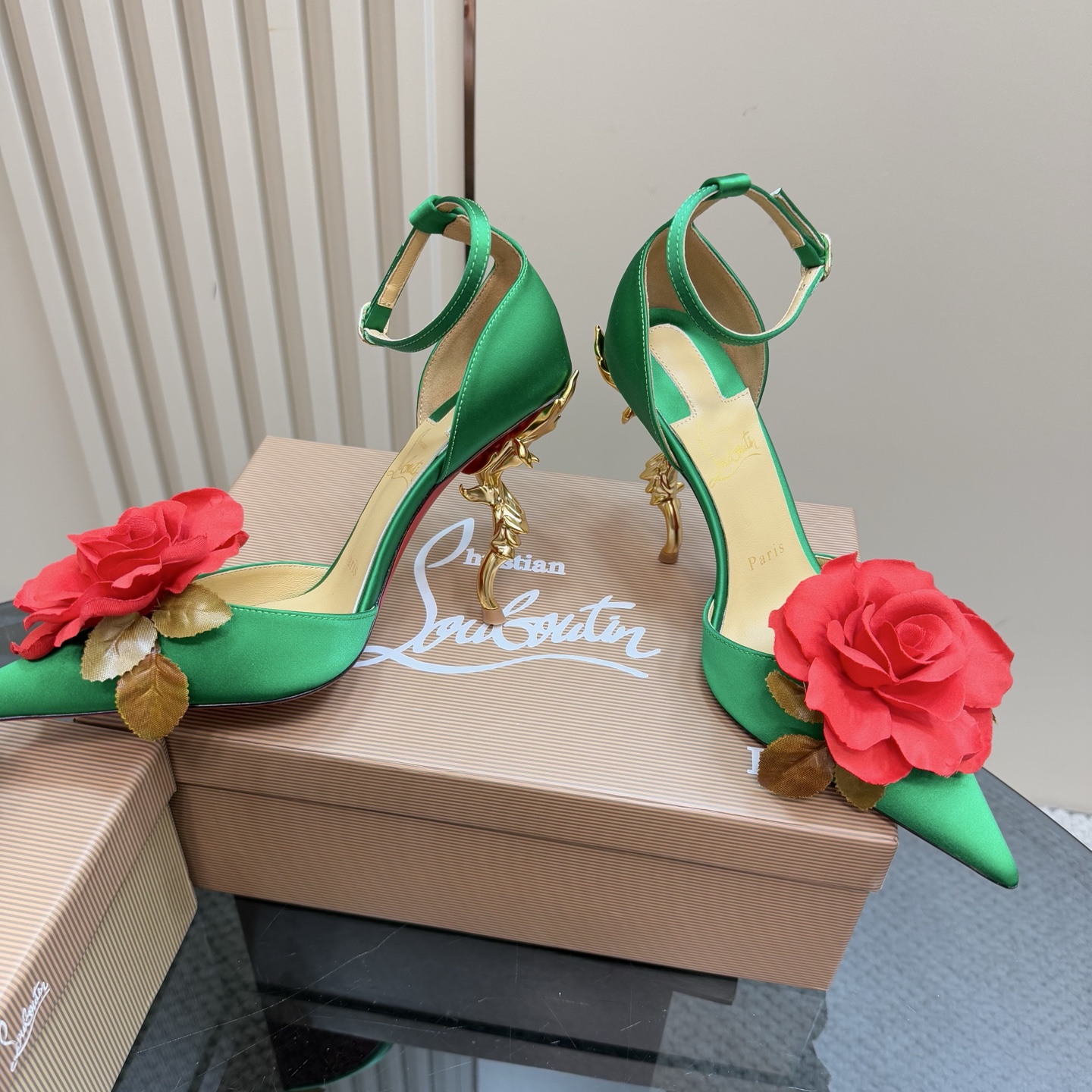 Christian Louboutin 2025 Spring/Summer Green Silk Heels with Rose Decor 5 i1743376567580 1302 0 2