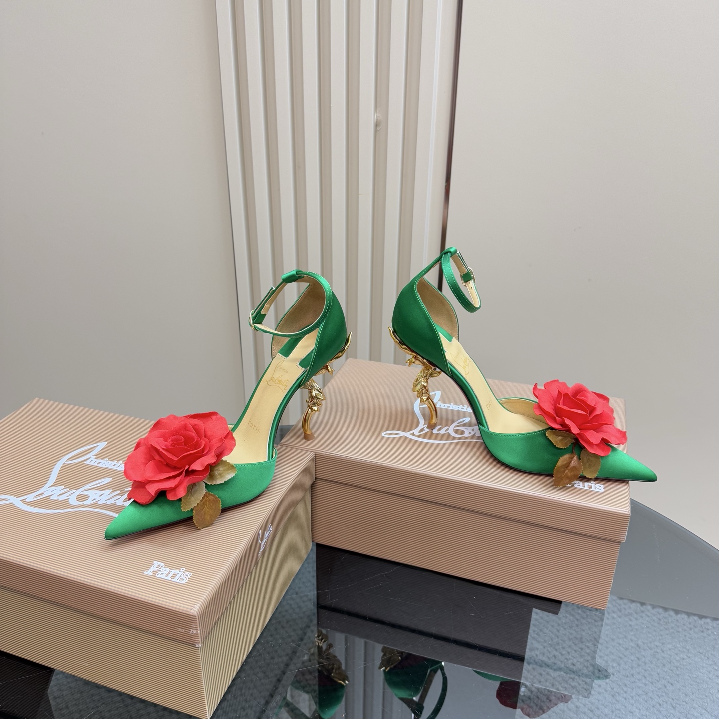 Christian Louboutin 2025 Spring/Summer Green Silk Heels with Rose Decor 7 i1743376567604 3518 0 4