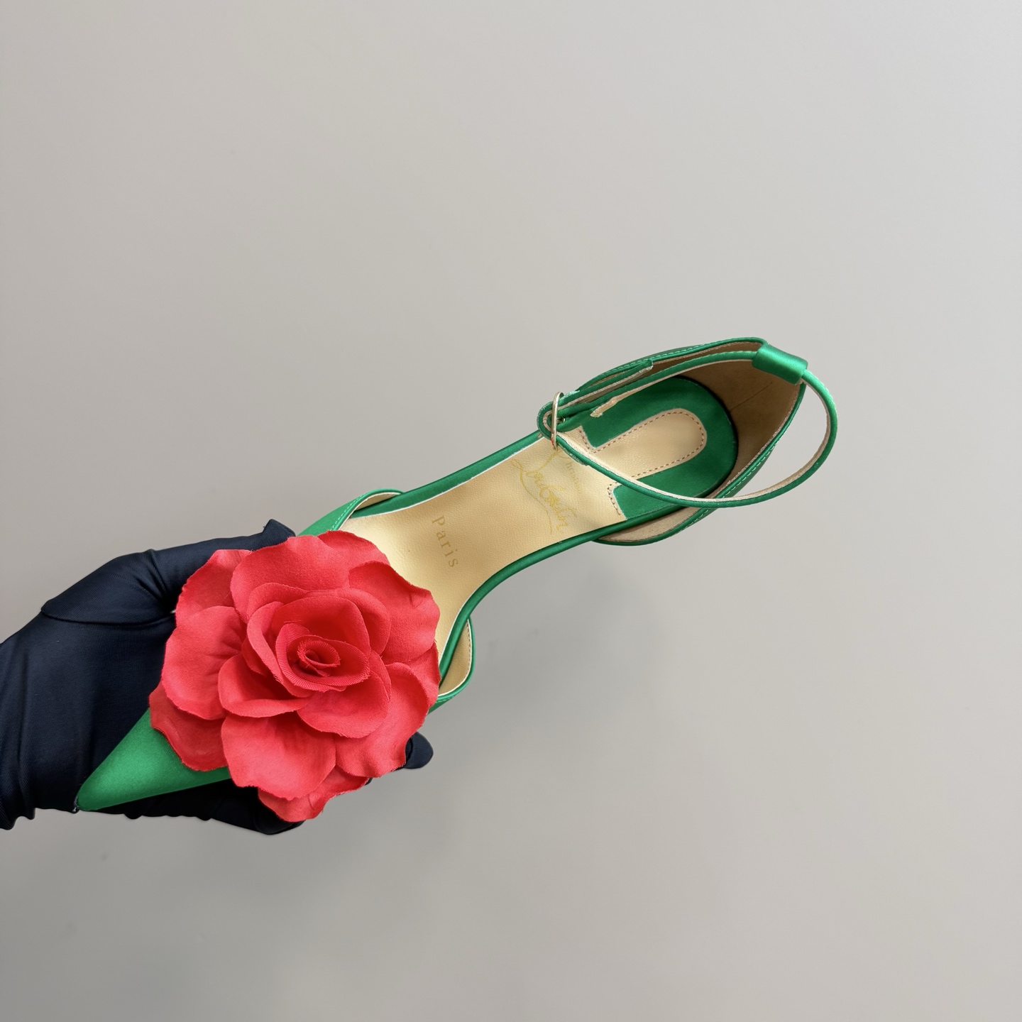 Christian Louboutin 2025 Spring/Summer Green Silk Heels with Rose Decor 9 i1743376567710 8013 0 7