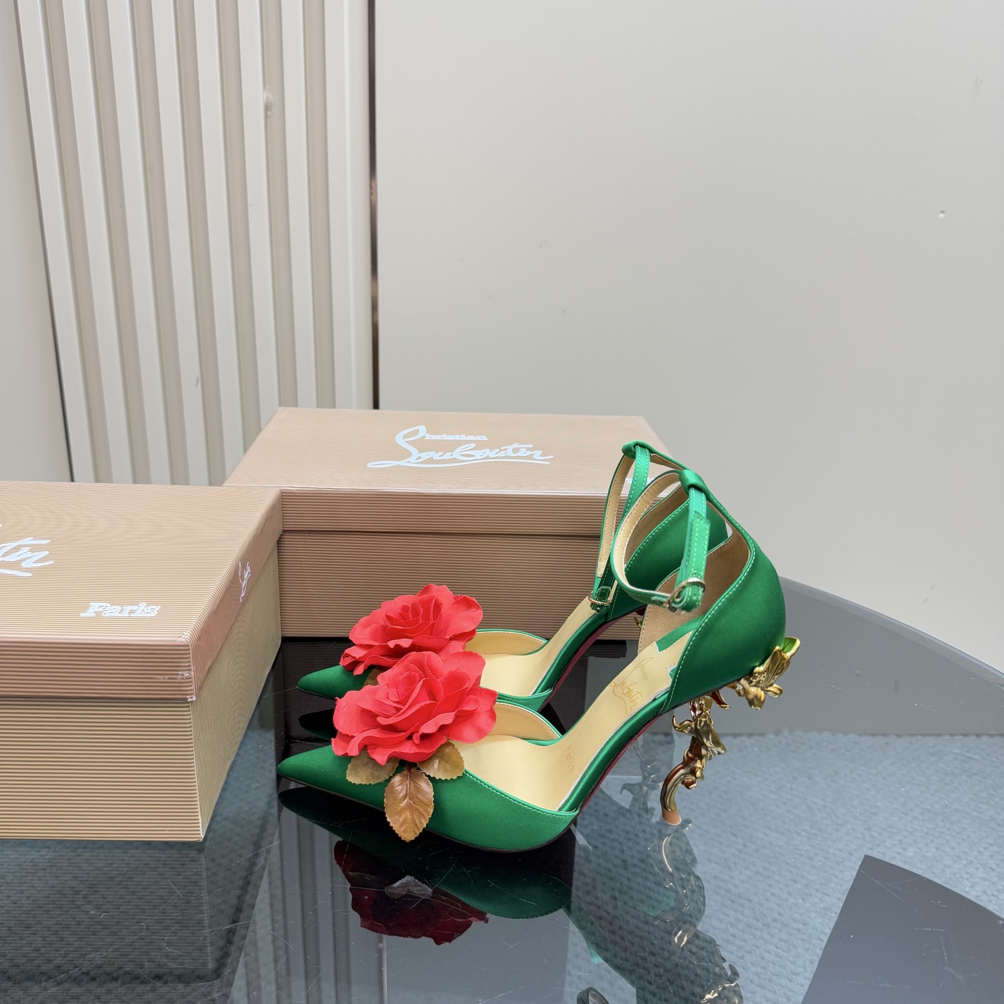 Christian Louboutin 2025 Spring/Summer Green Silk Heels with Rose Decor 3 i1743376567745 9084 0 0