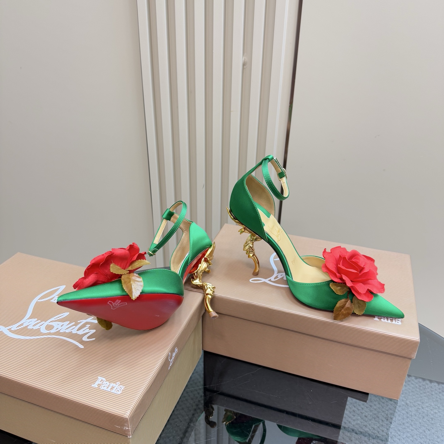 Christian Louboutin 2025 Spring/Summer Green Silk Heels with Rose Decor 8 i1743376569030 1009 0 5