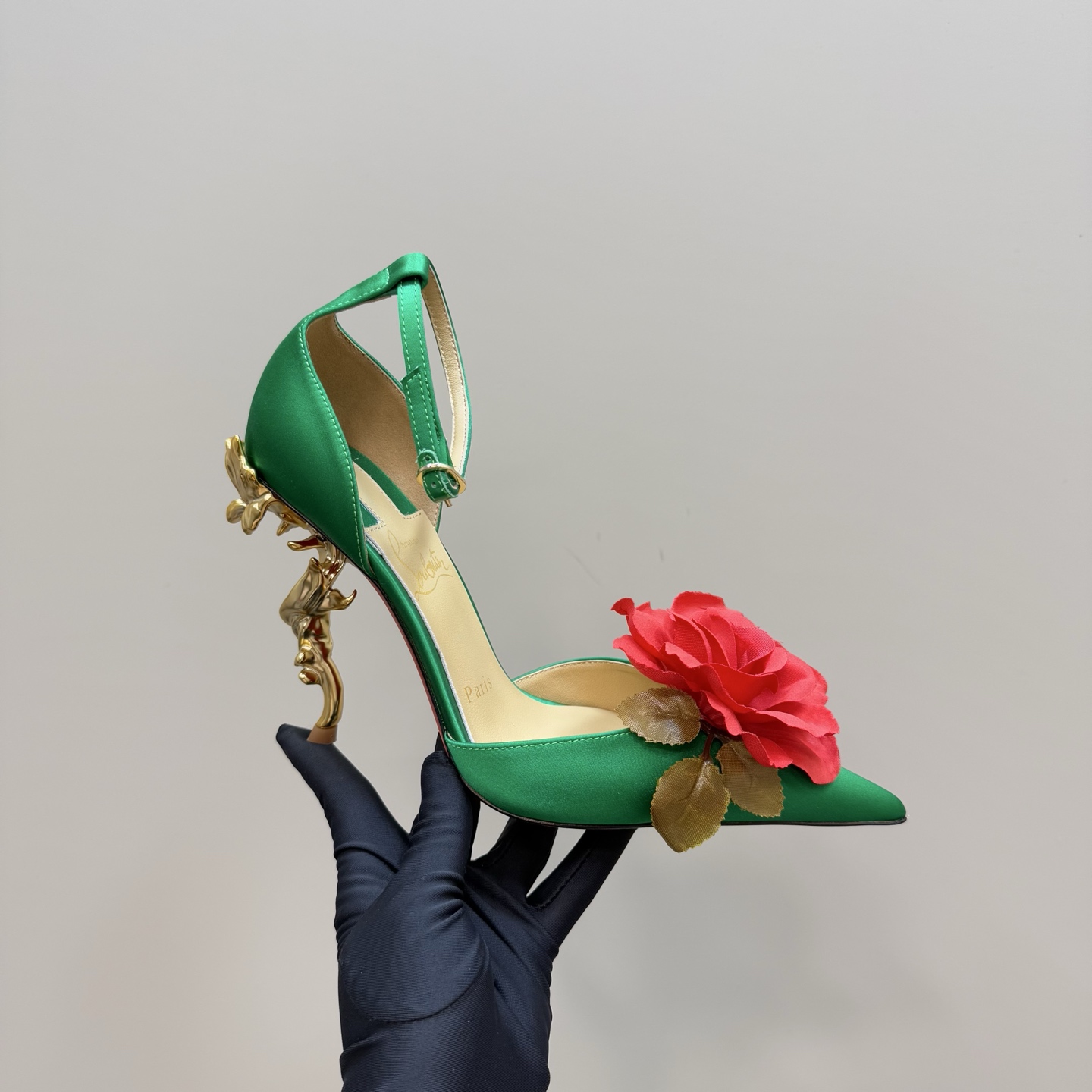 Christian Louboutin 2025 Spring/Summer Green Silk Heels with Rose Decor 2 i1743376569078 9323 0 6
