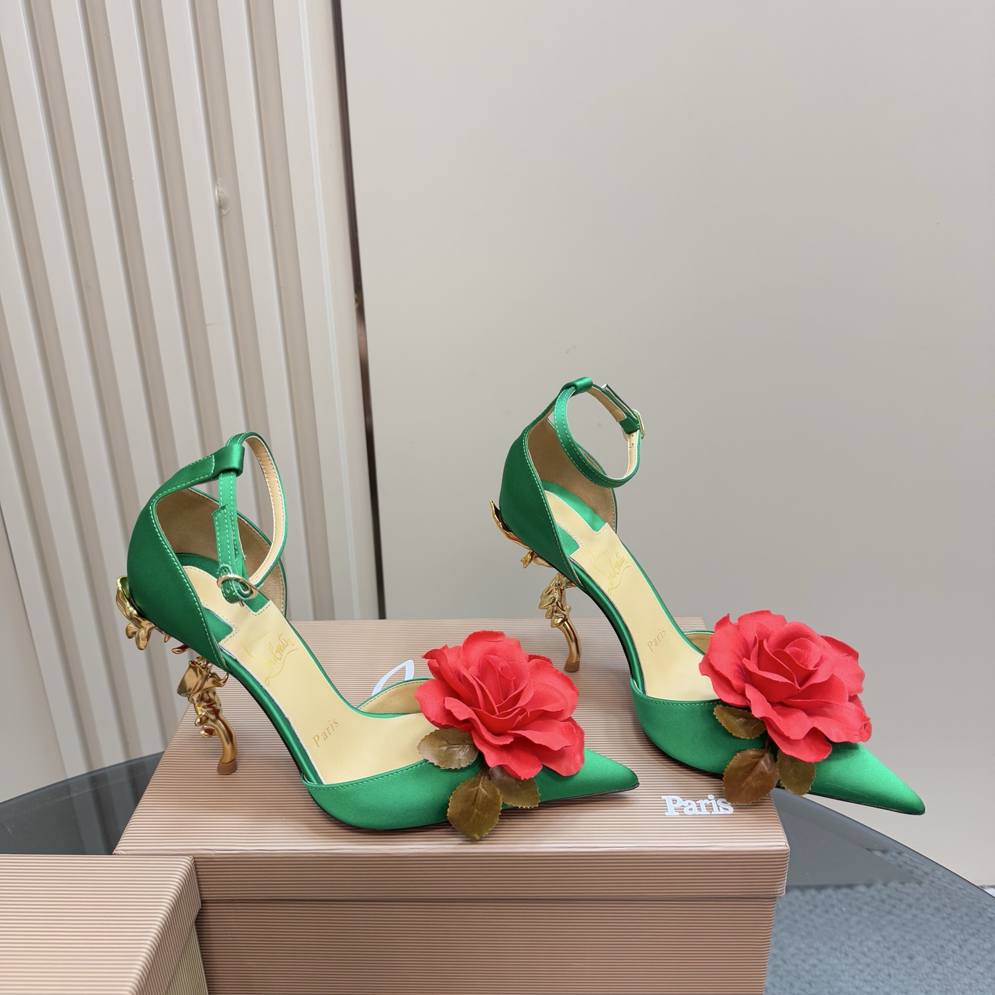 Christian Louboutin 2025 Spring/Summer Green Silk Heels with Rose Decor 6 i1743376569079 436 0 3