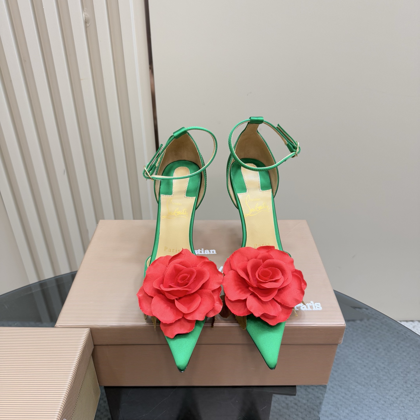 Christian Louboutin 2025 Spring/Summer Green Silk Heels with Rose Decor 4 i1743376569106 2760 0 1