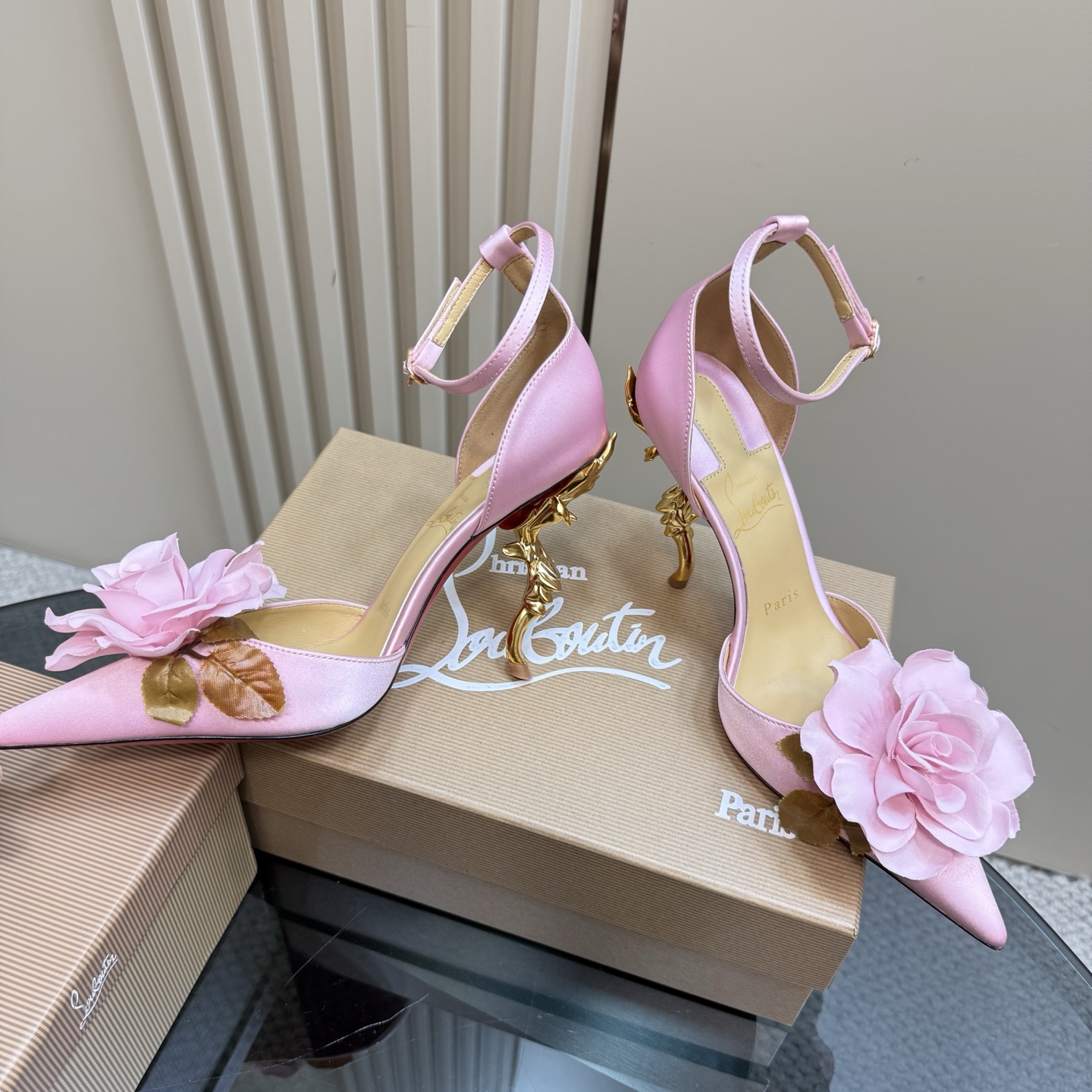 Christian Louboutin Pink Silk Flower Embellished Heels Ankle Strap Pumps 5 i1743423471060 3834 0 2