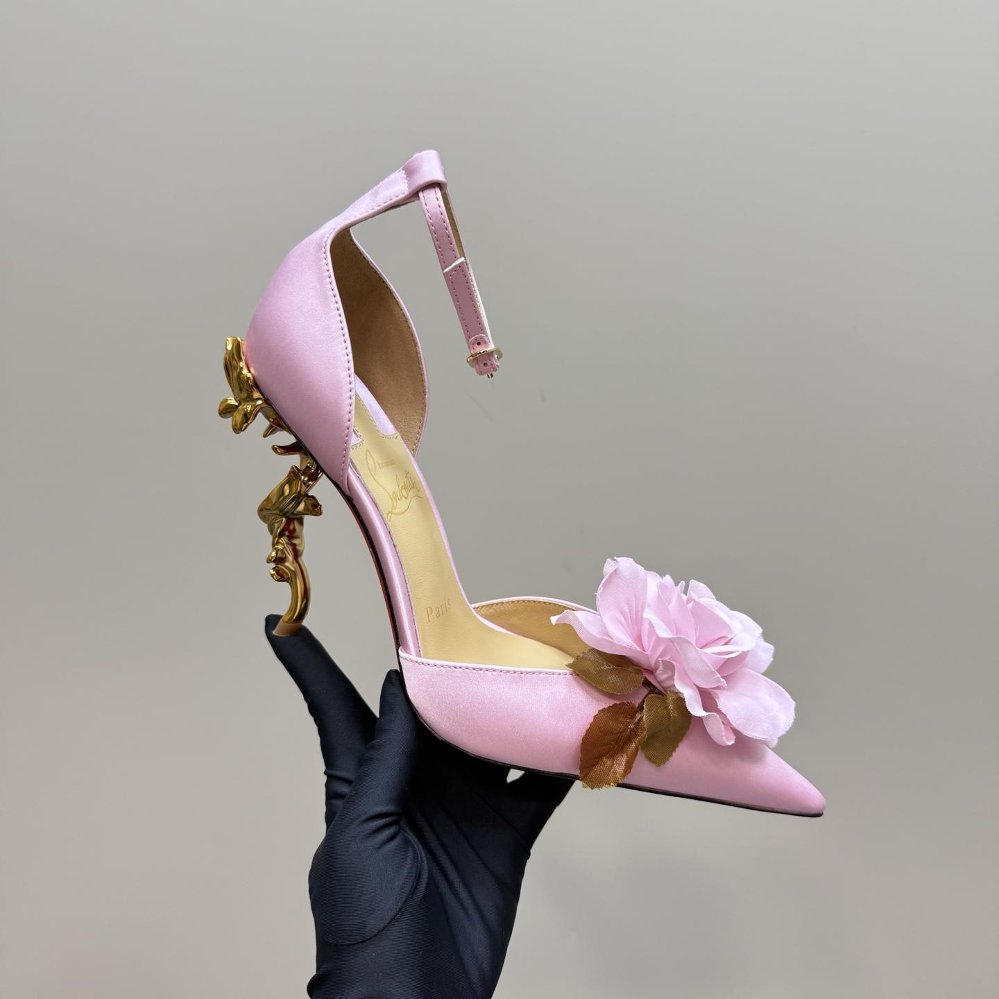 Christian Louboutin Pink Silk Flower Embellished Heels Ankle Strap Pumps 1 Christian Louboutin Pink Silk Flower Embellished Heels Ankle Strap Pumps