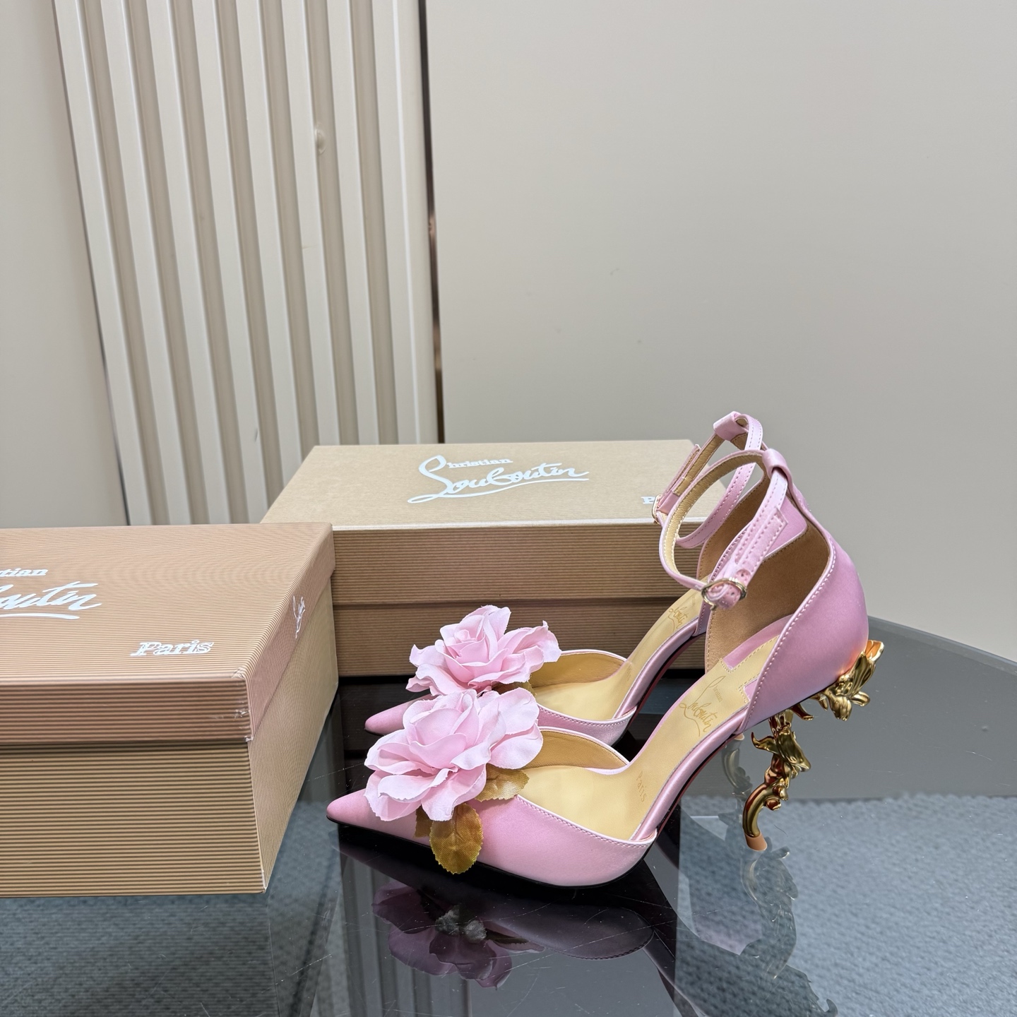 Christian Louboutin Pink Silk Flower Embellished Heels Ankle Strap Pumps 3 i1743423480841 8451 0 0