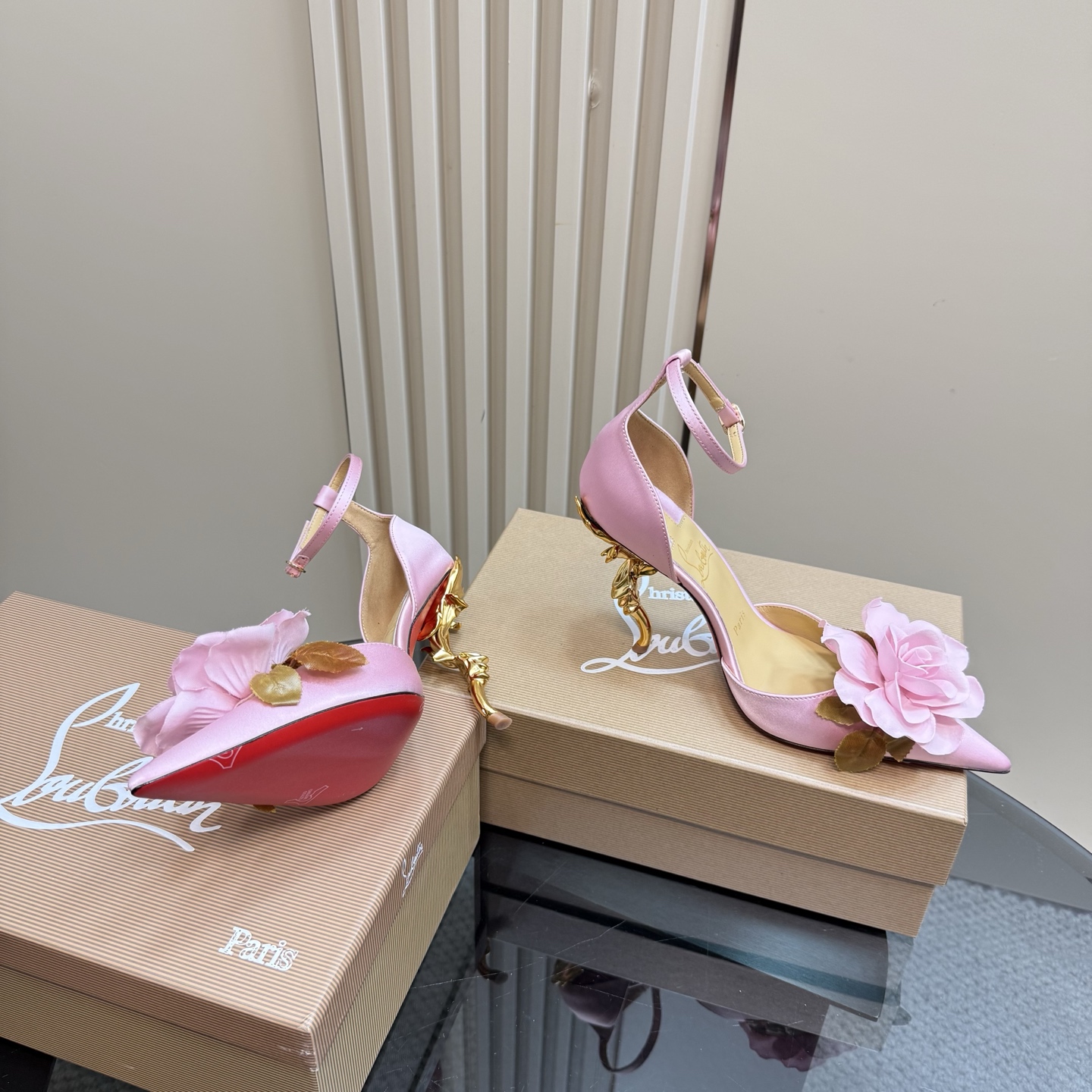 Christian Louboutin Pink Silk Flower Embellished Heels Ankle Strap Pumps 8 i1743423484892 2832 0 5