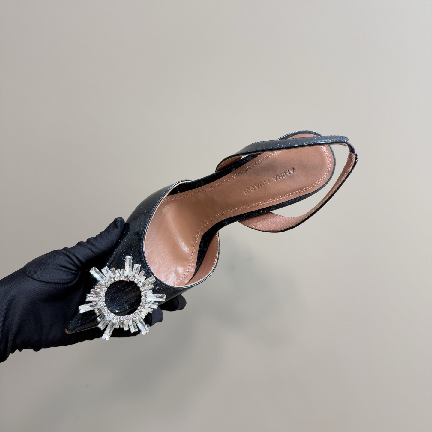 Amina Muaddi Black Patent Leather Slingback Heels with Crystal Embellishment 9 i1744188023533 2891 0 7