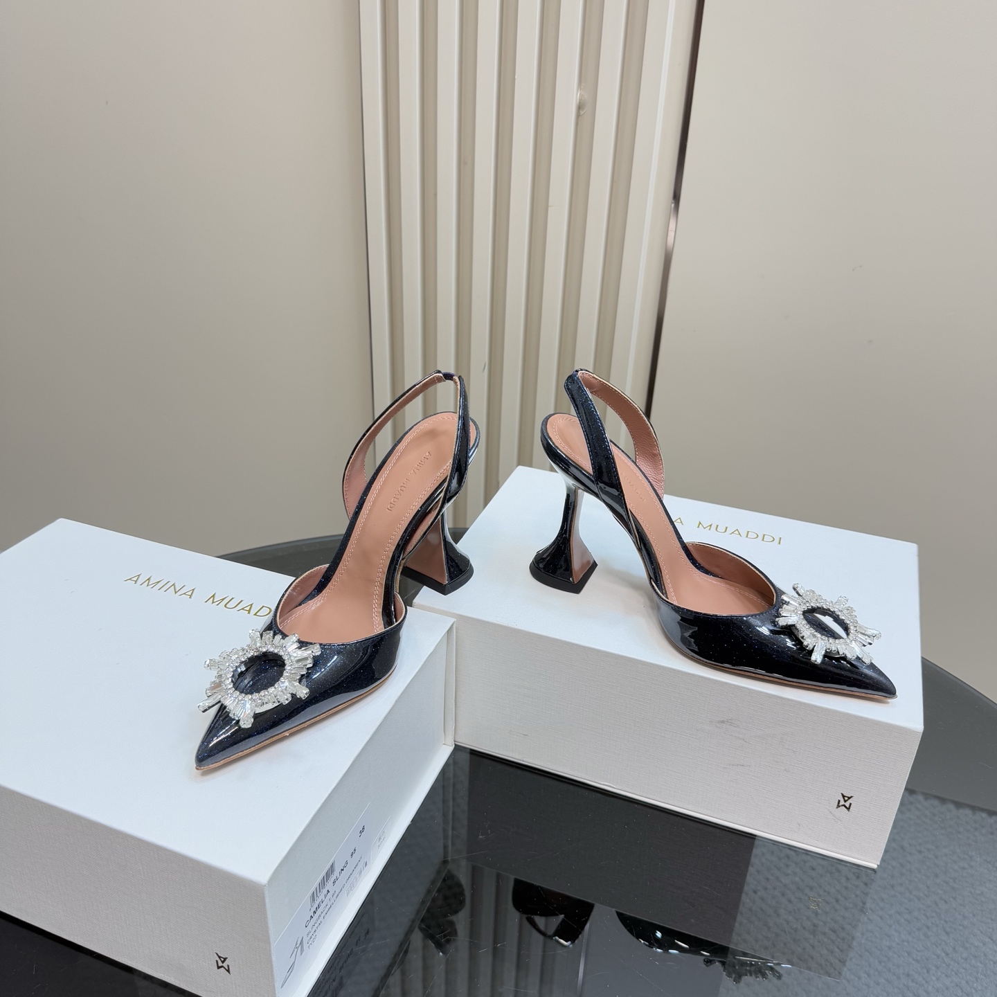 Amina Muaddi Black Patent Leather Slingback Heels with Crystal Embellishment 7 i1744188023609 9728 0 4